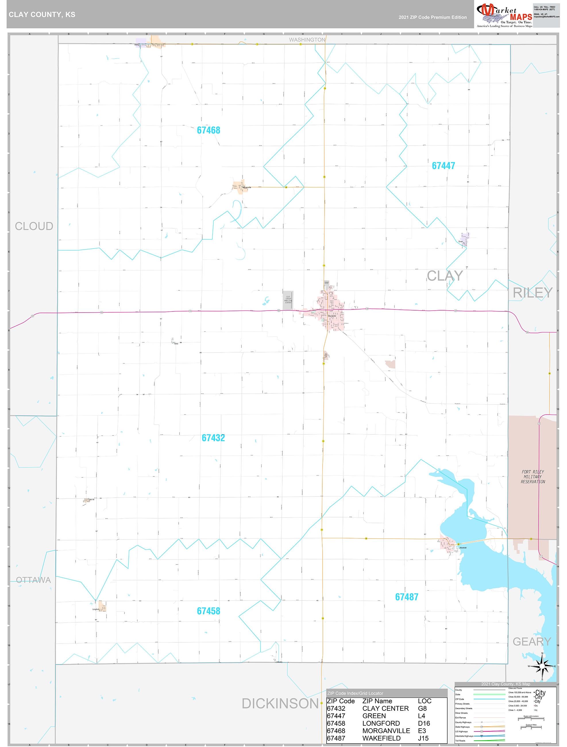 Clay County, KS Wall Map Premium Style by MarketMAPS MapSales