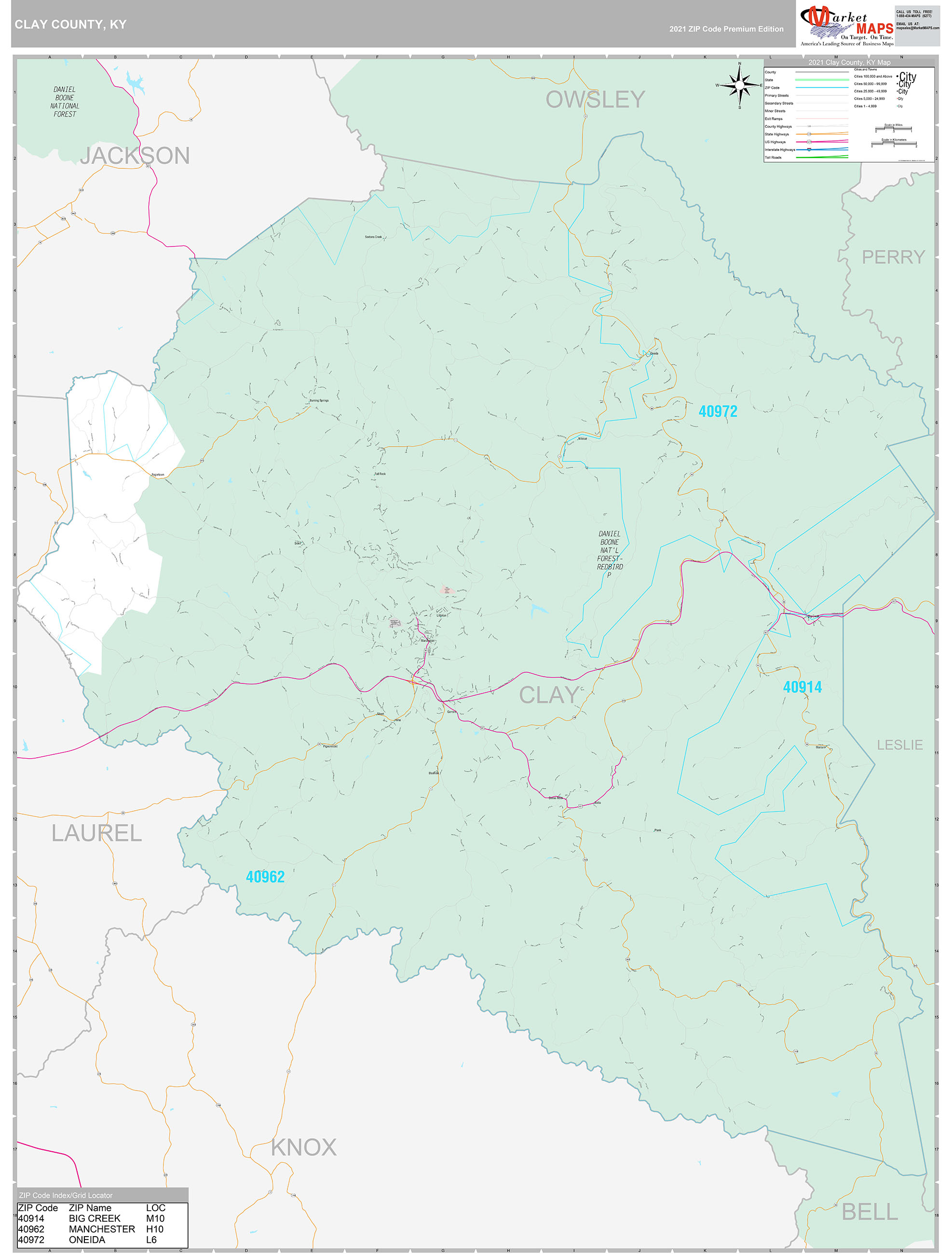 Clay County, KY Wall Map Premium Style by MarketMAPS