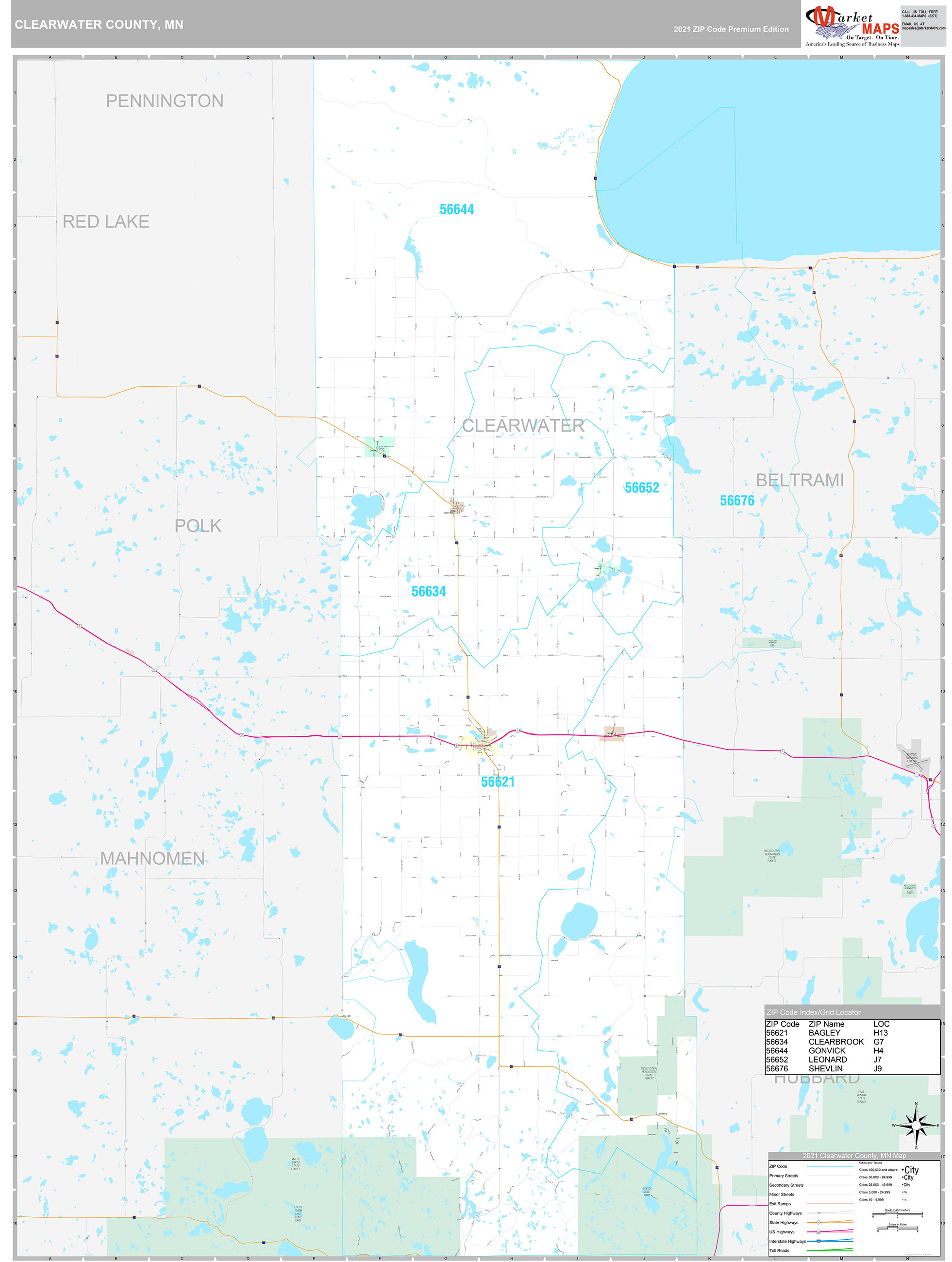 Clearwater County, MN Wall Map Premium Style by MarketMAPS