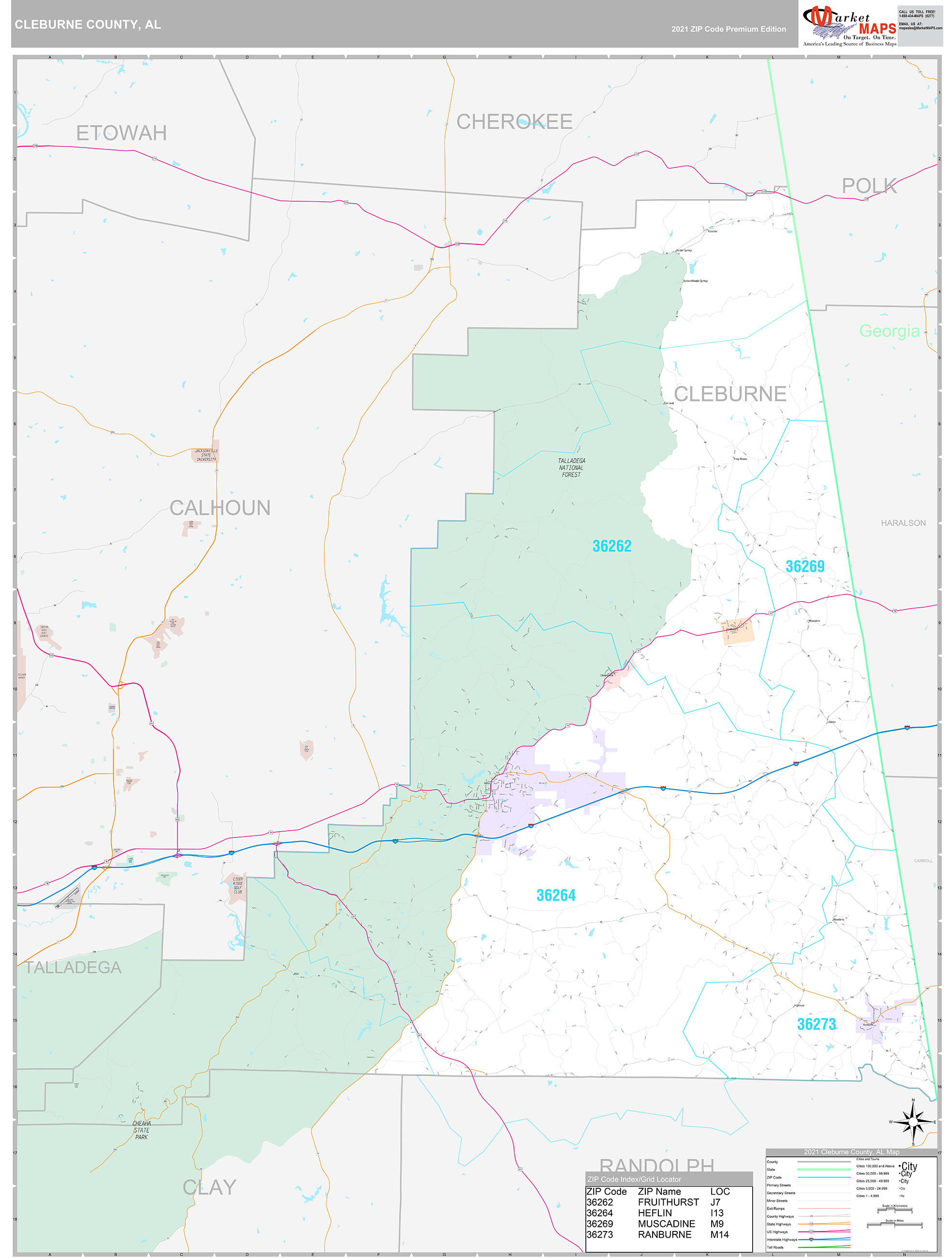 Cleburne County, AL Wall Map Premium Style by MarketMAPS