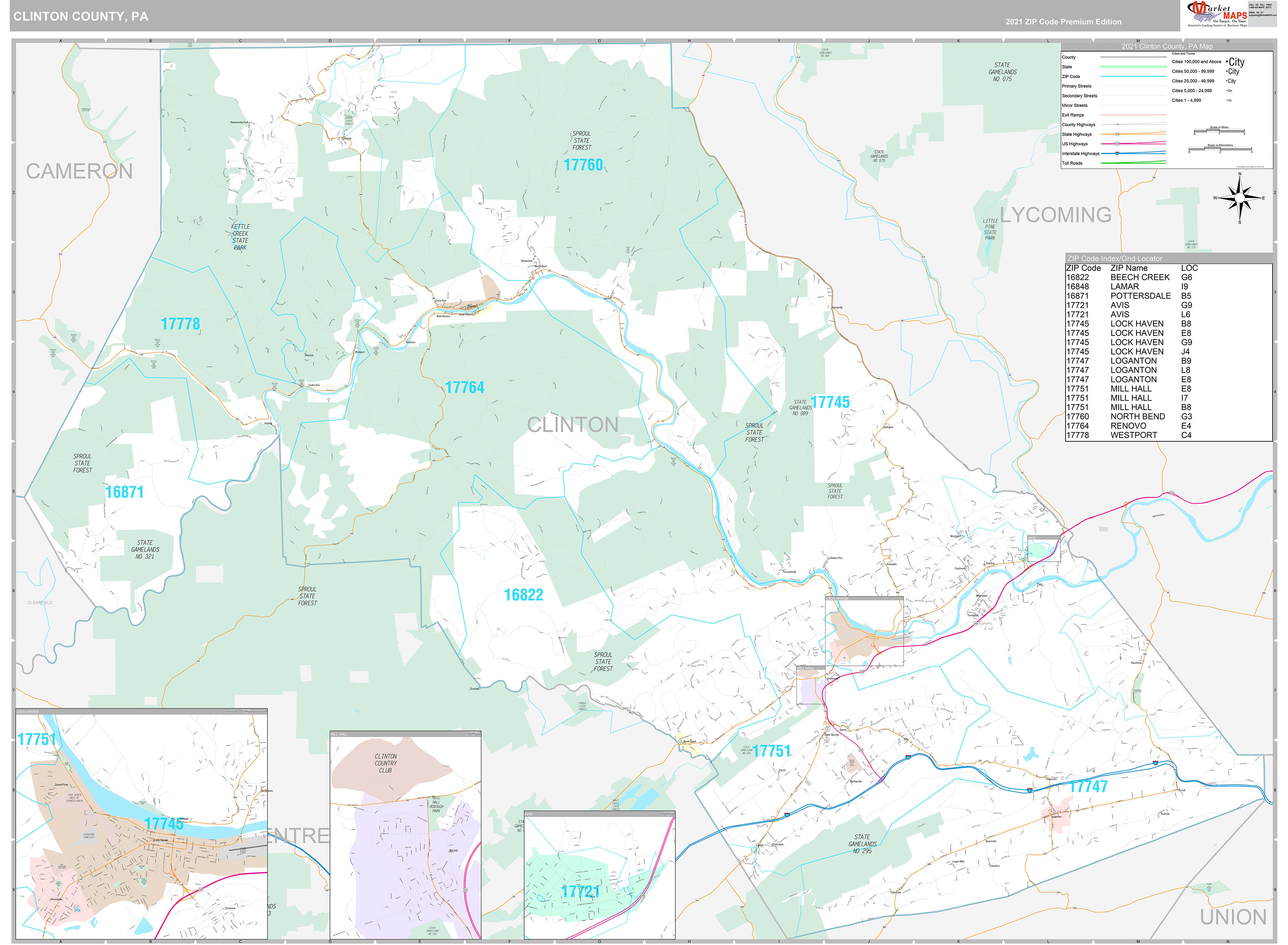Clinton County, PA Wall Map Premium Style by MarketMAPS MapSales