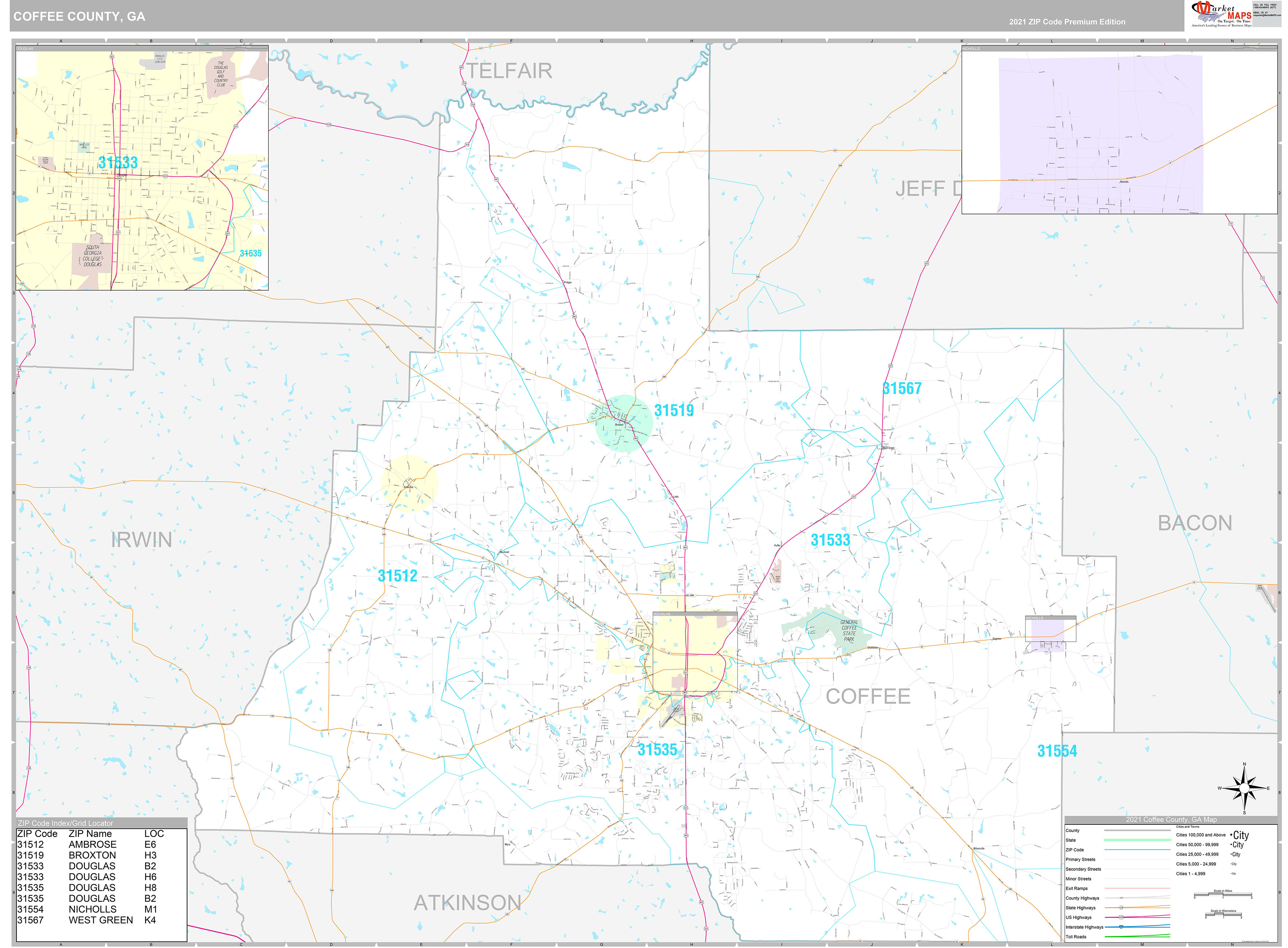 Coffee County, GA Wall Map Premium Style by MarketMAPS MapSales