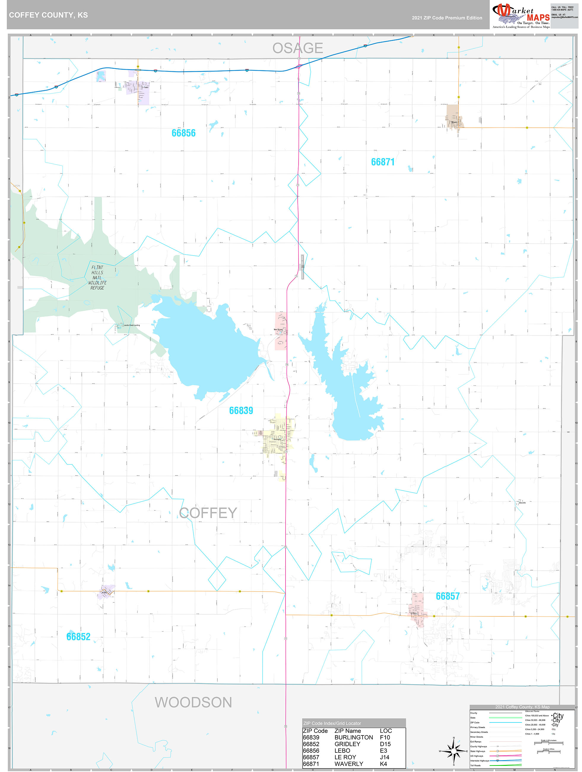 Coffey County, KS Wall Map Premium Style by MarketMAPS