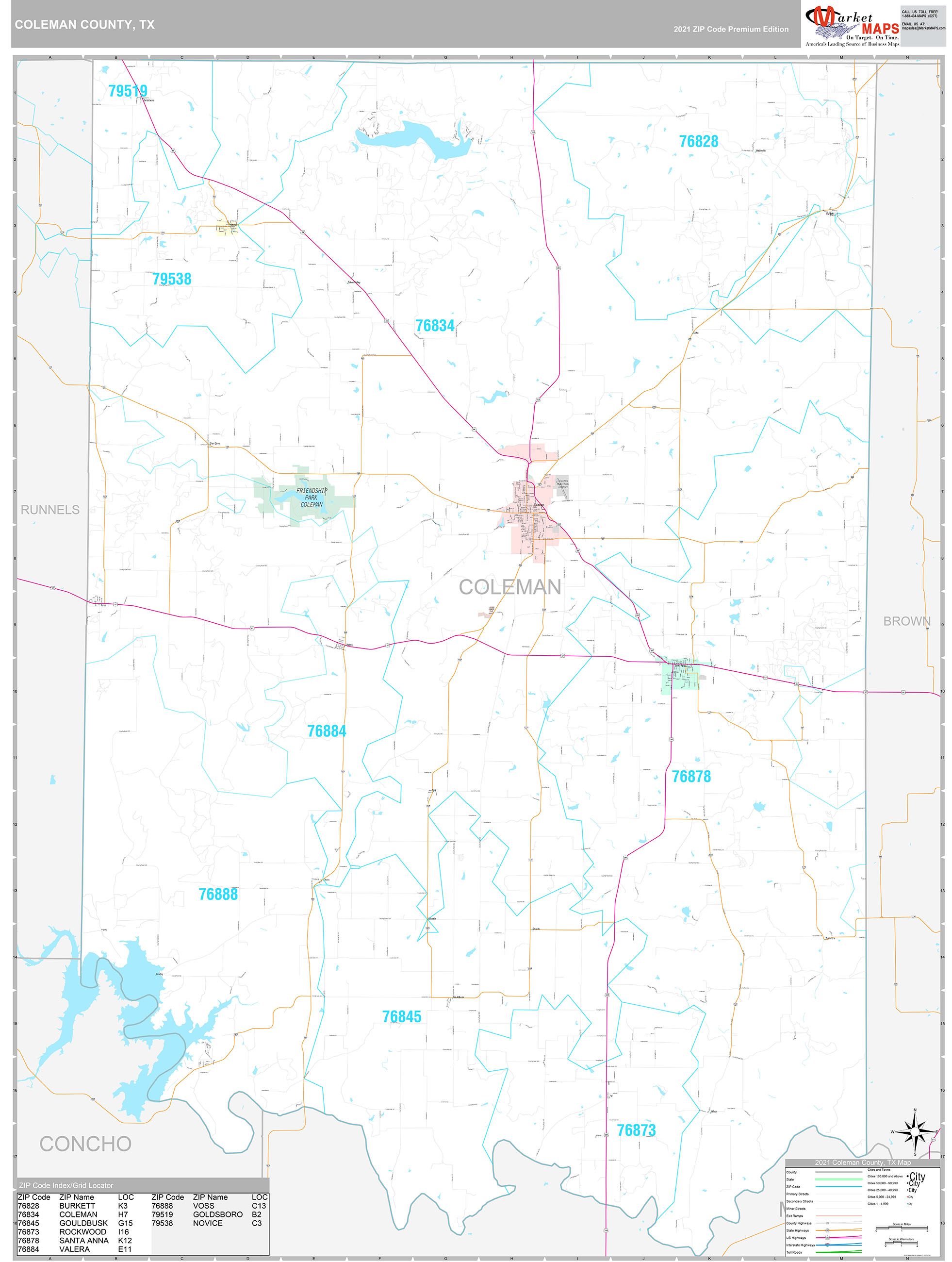 Coleman County, TX Wall Map Premium Style by MarketMAPS
