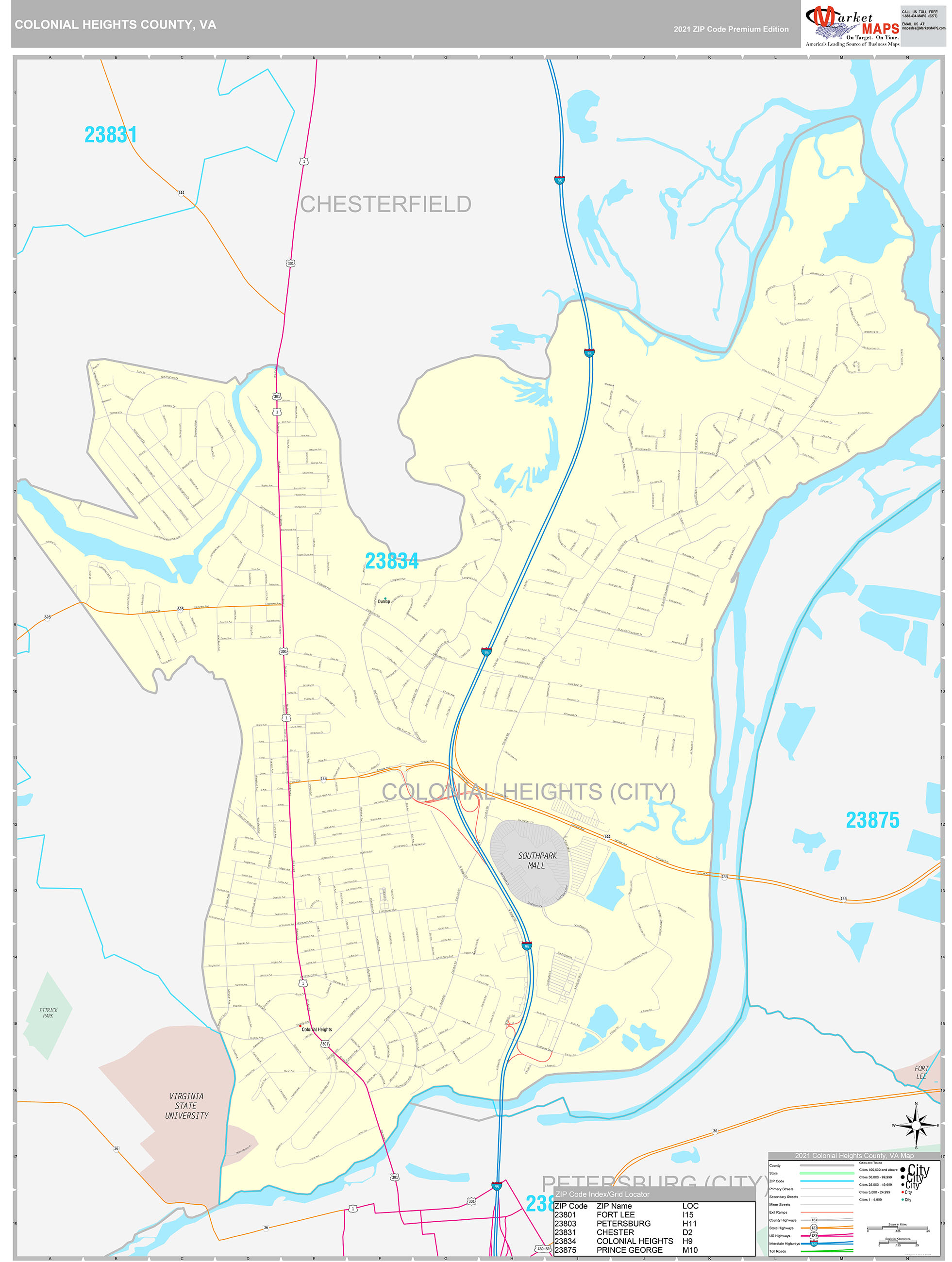Colonial Heights County, VA Wall Map Premium Style by MarketMAPS MapSales