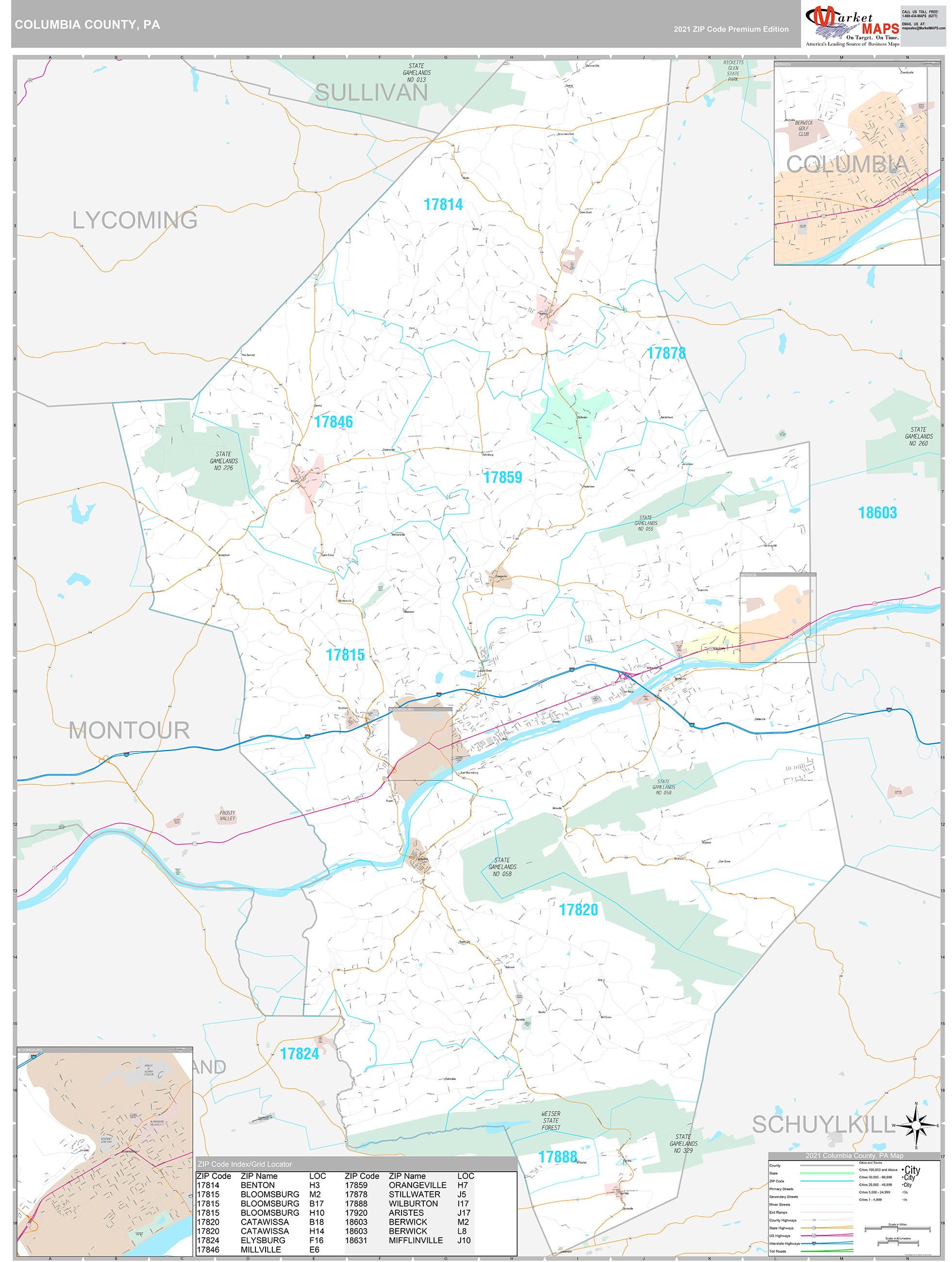 Columbia County, PA Wall Map Premium Style by MarketMAPS MapSales