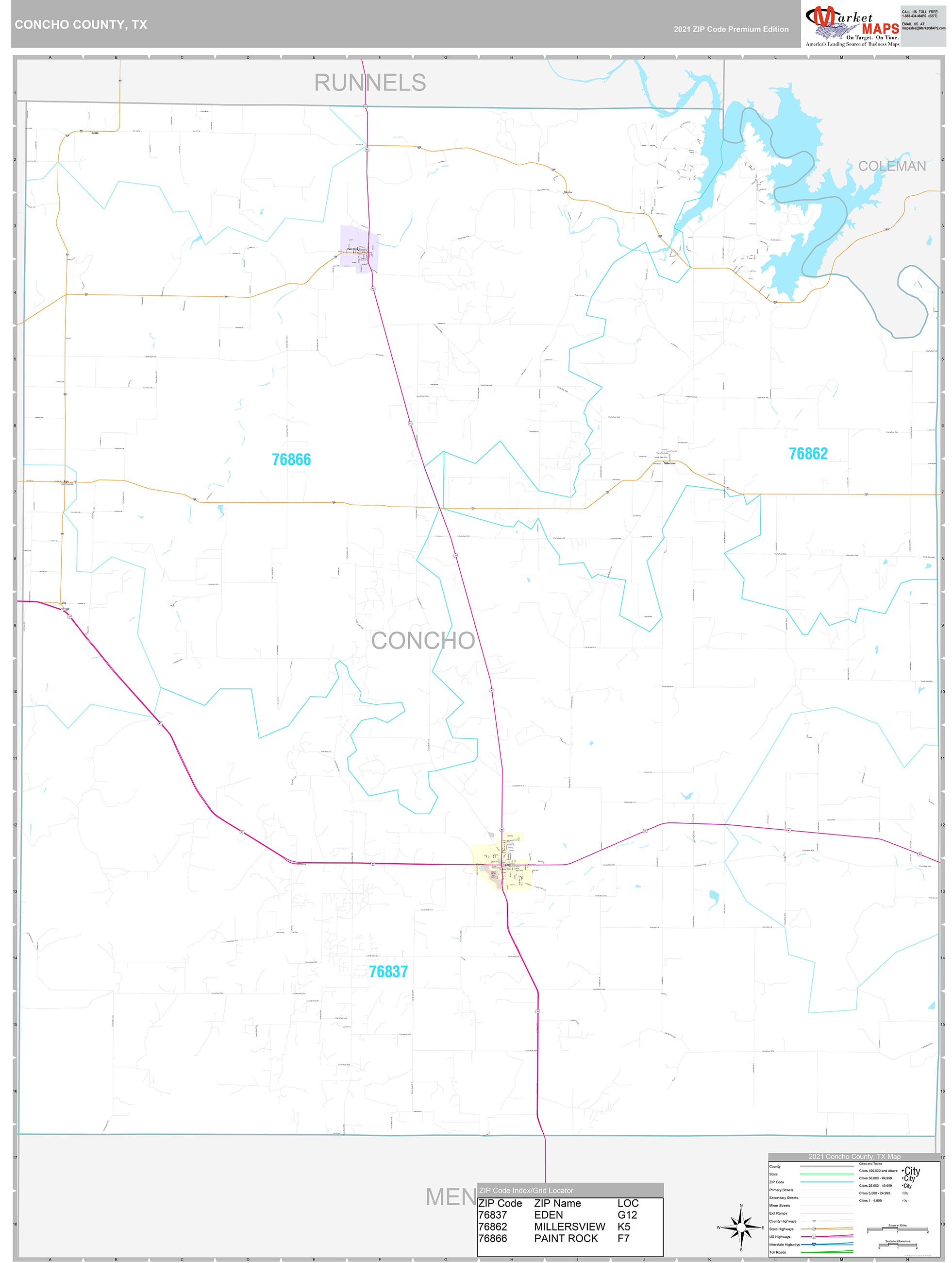 Concho County, TX Wall Map Premium Style by MarketMAPS MapSales
