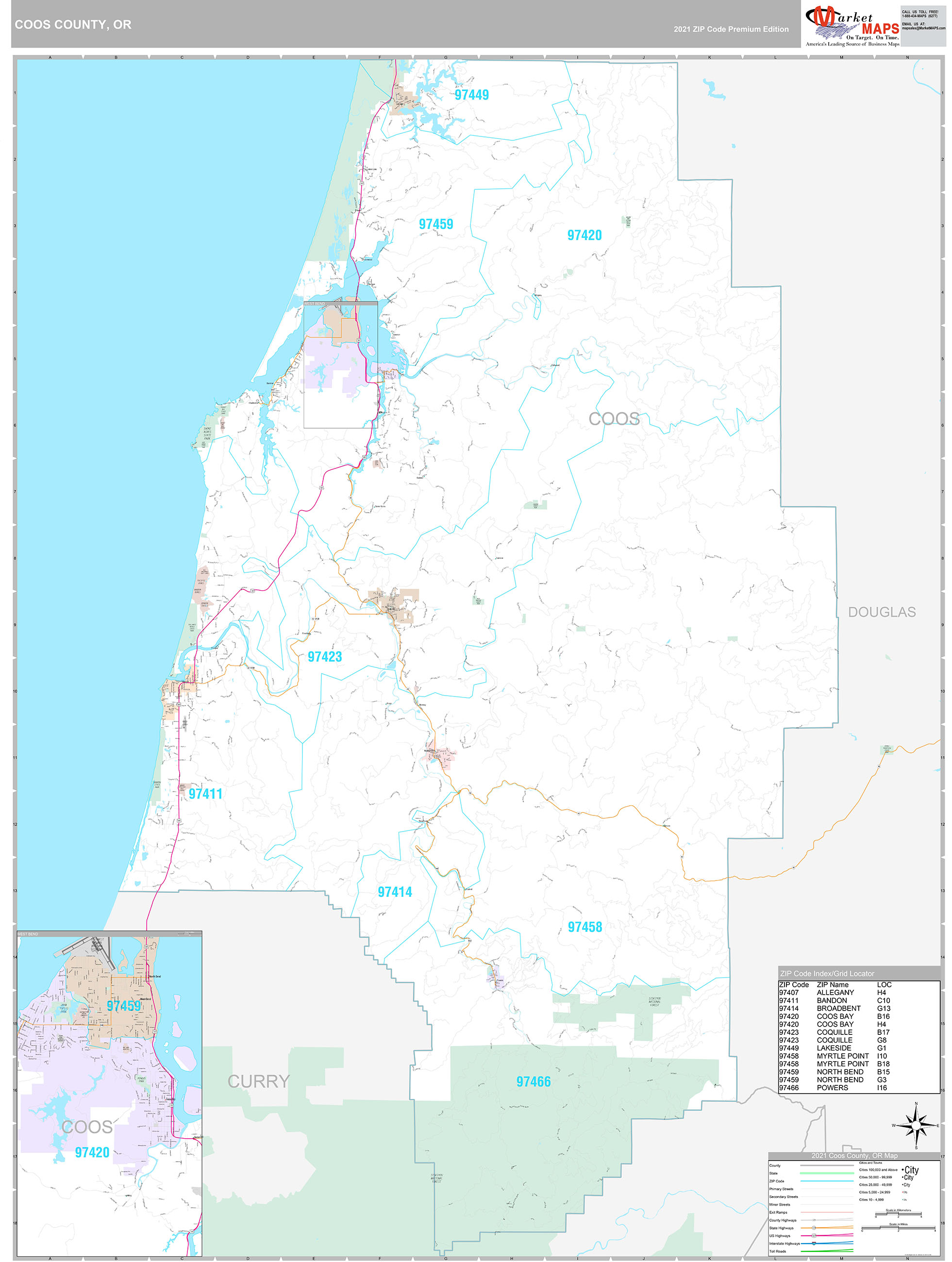 Coos County, OR Wall Map Premium Style by MarketMAPS