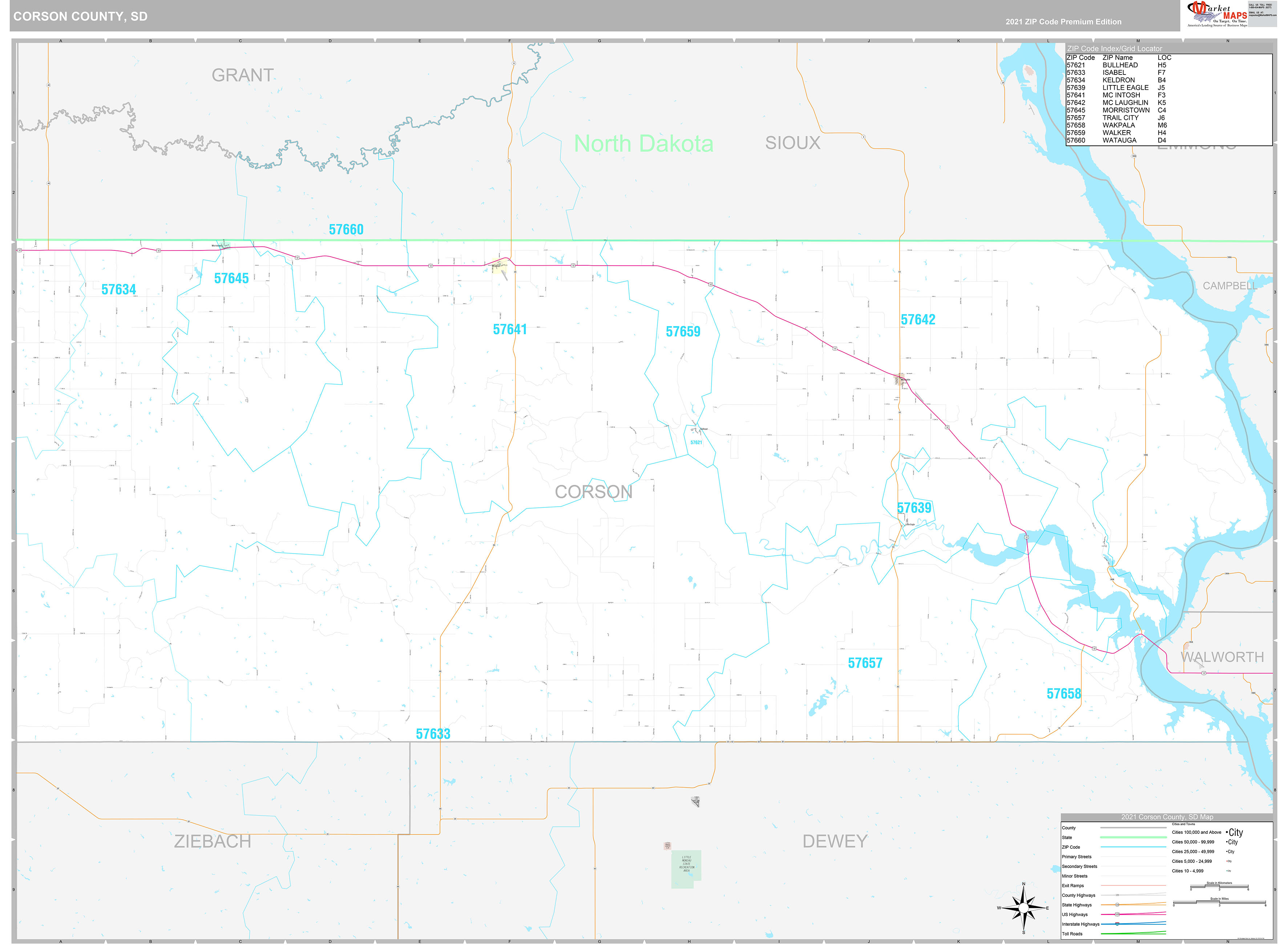 Corson County, SD Wall Map Premium Style by MarketMAPS