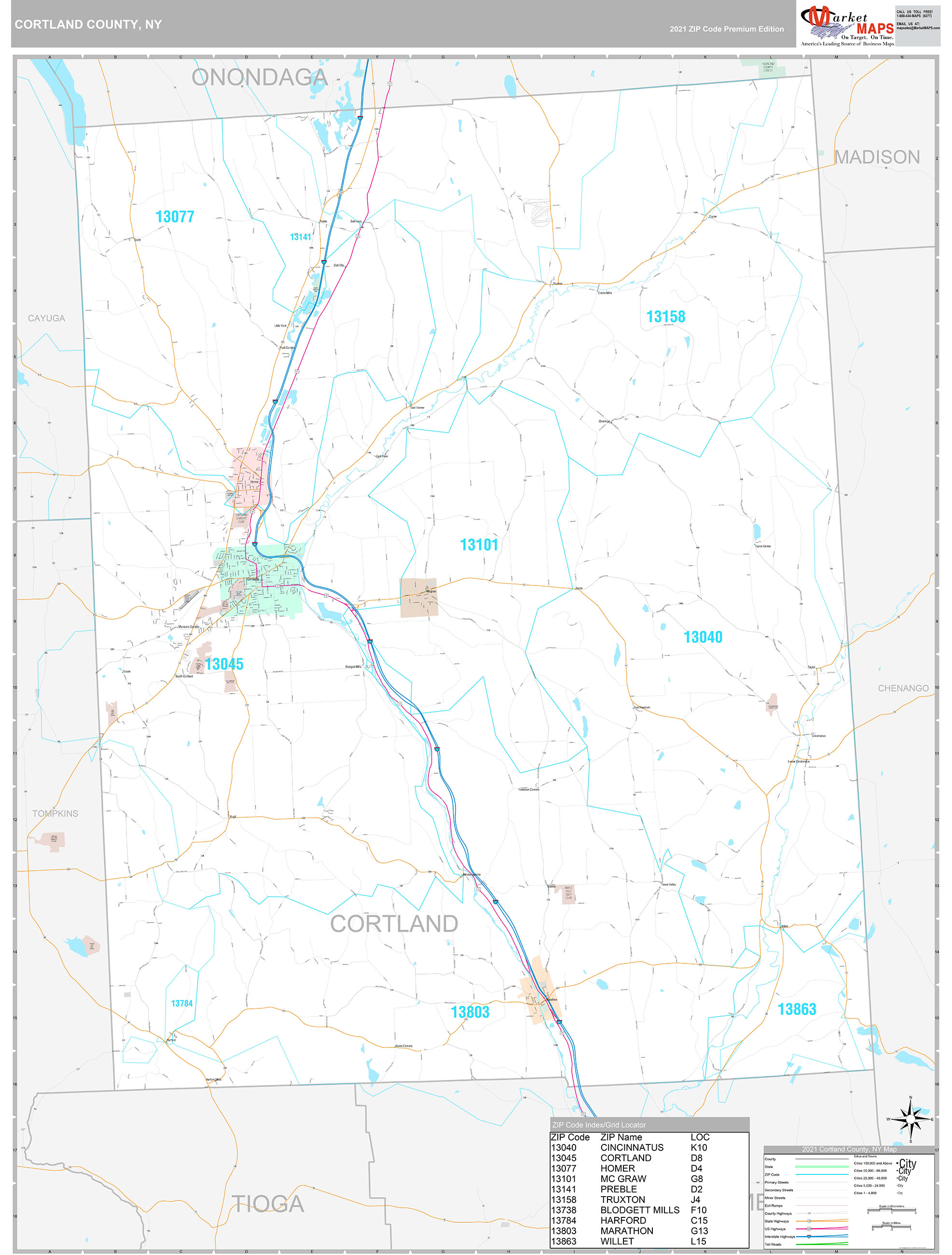 Cortland County, NY Wall Map Premium Style by MarketMAPS MapSales