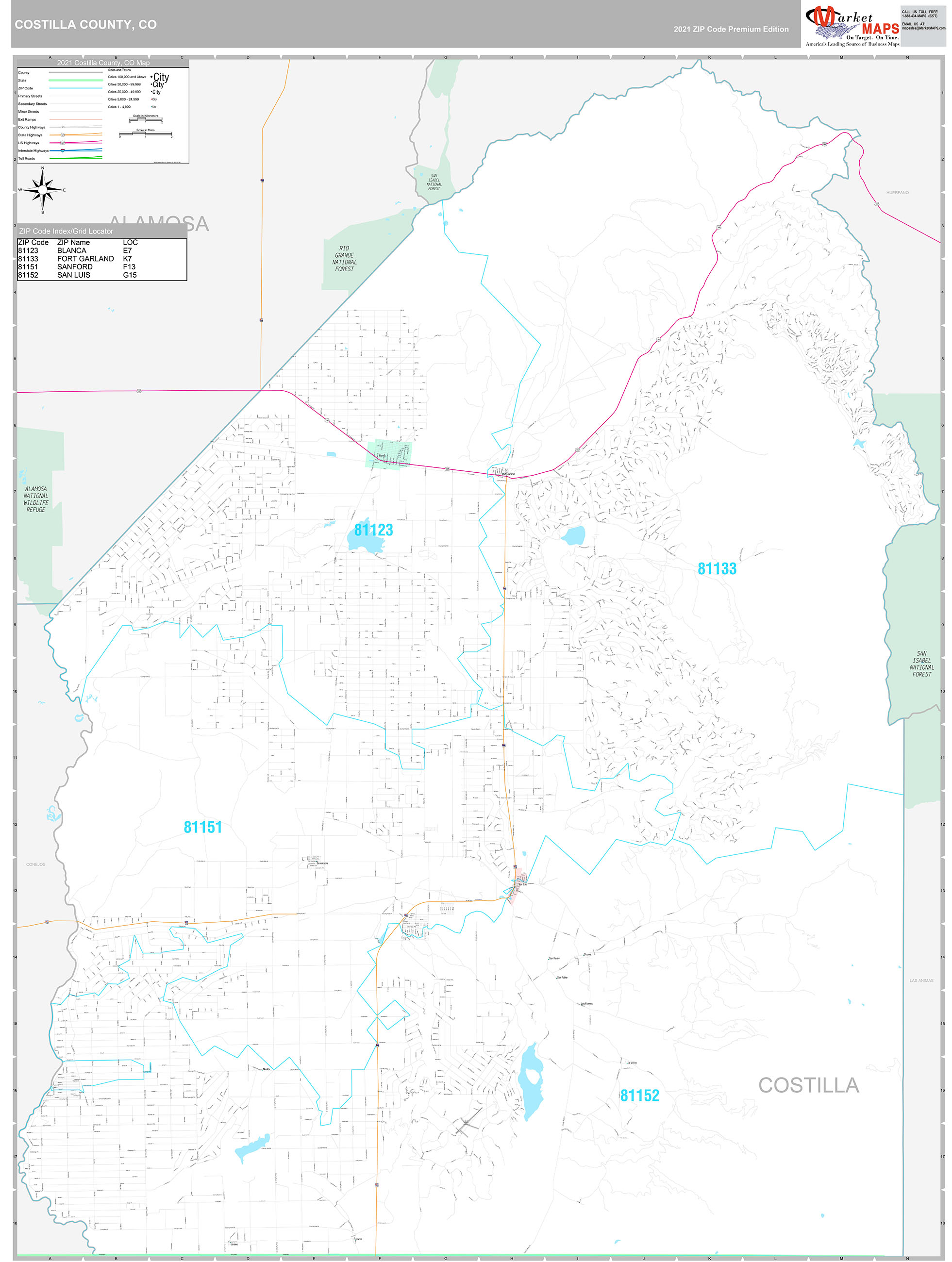 Costilla County, CO Wall Map Premium Style by MarketMAPS