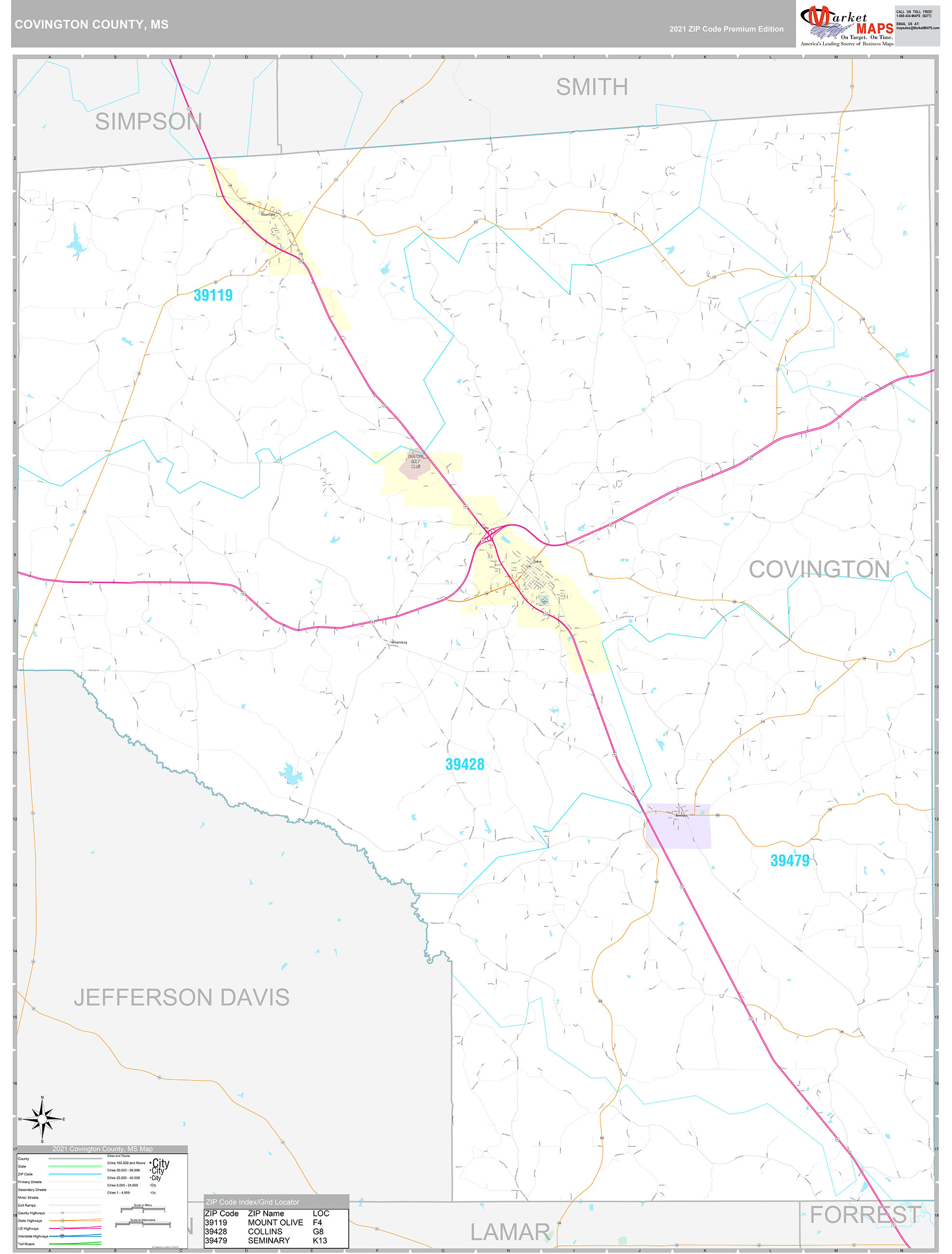 Covington County, MS Wall Map Premium Style by MarketMAPS