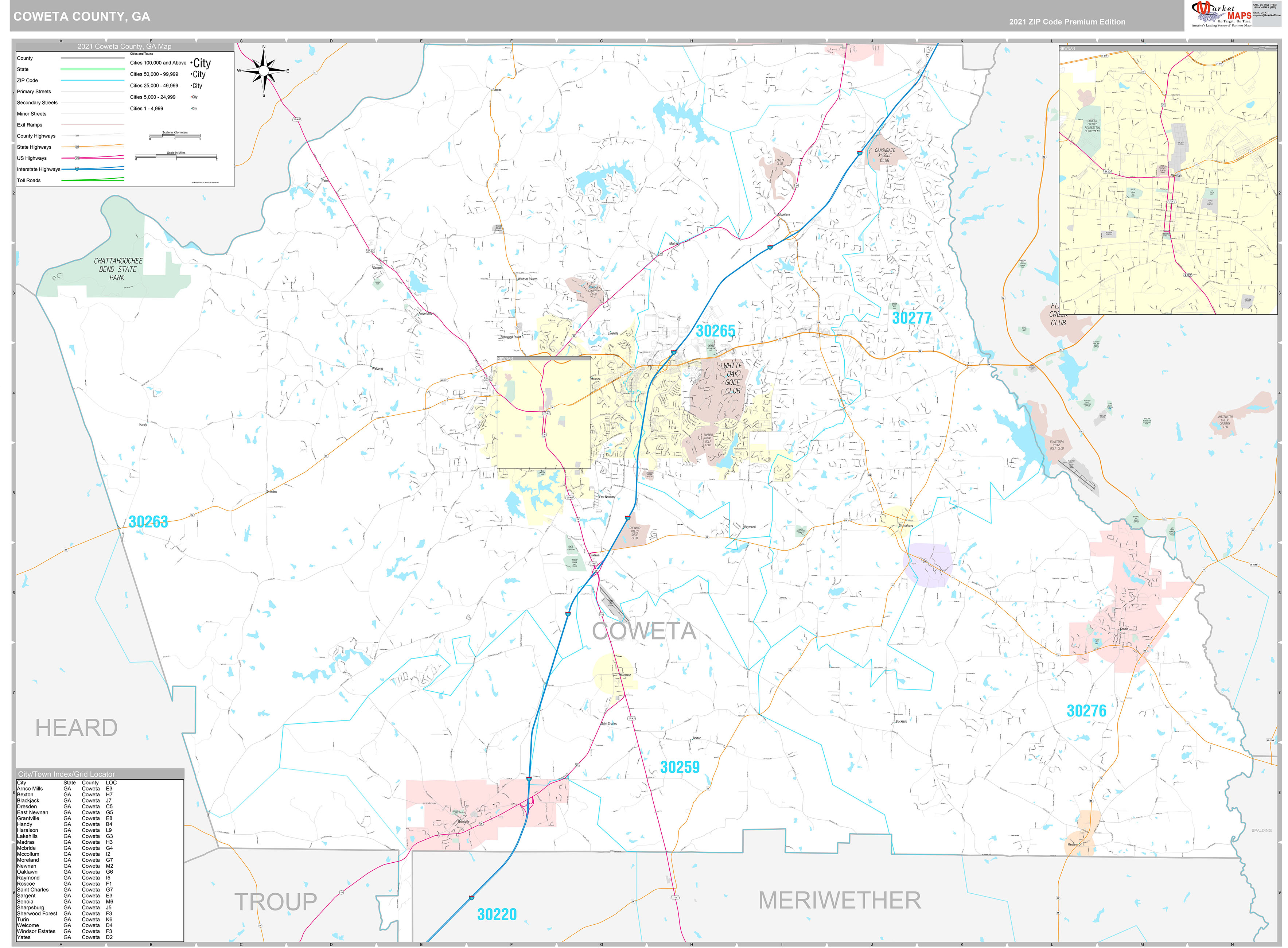 Coweta County, GA Wall Map Premium Style by MarketMAPS