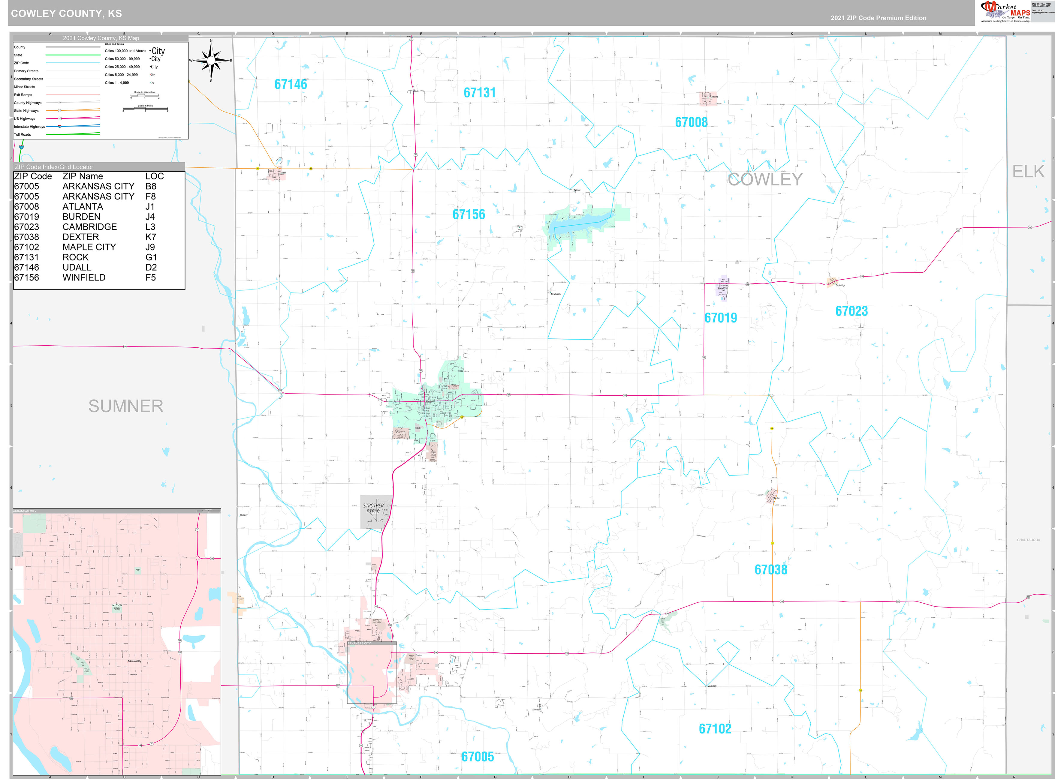 Cowley County, KS Wall Map Premium Style by MarketMAPS MapSales
