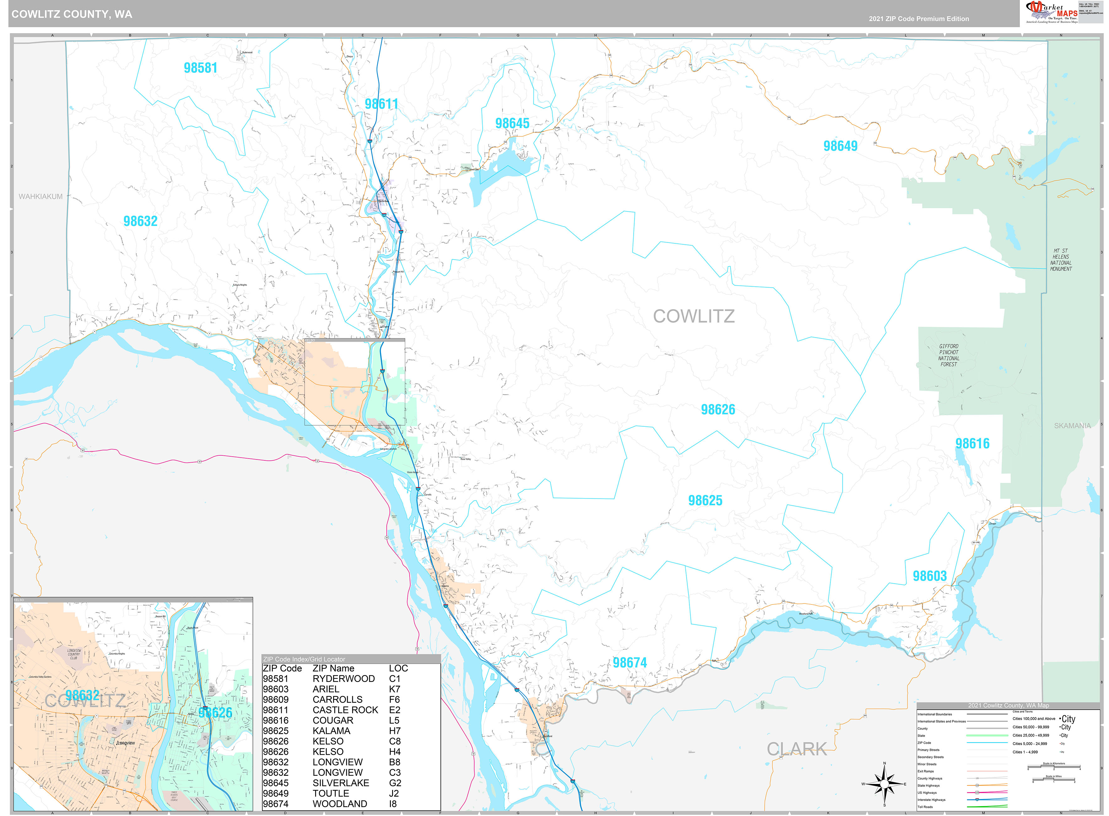 Cowlitz County, WA Wall Map Premium Style by MarketMAPS
