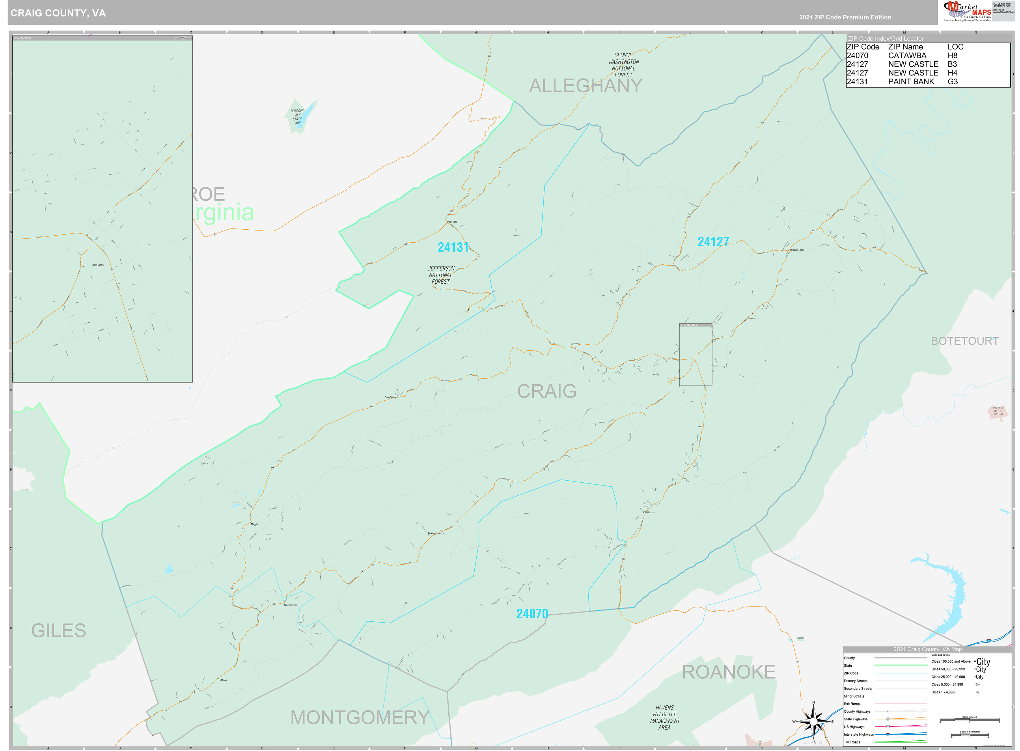 Craig County, VA Wall Map Premium Style by MarketMAPS