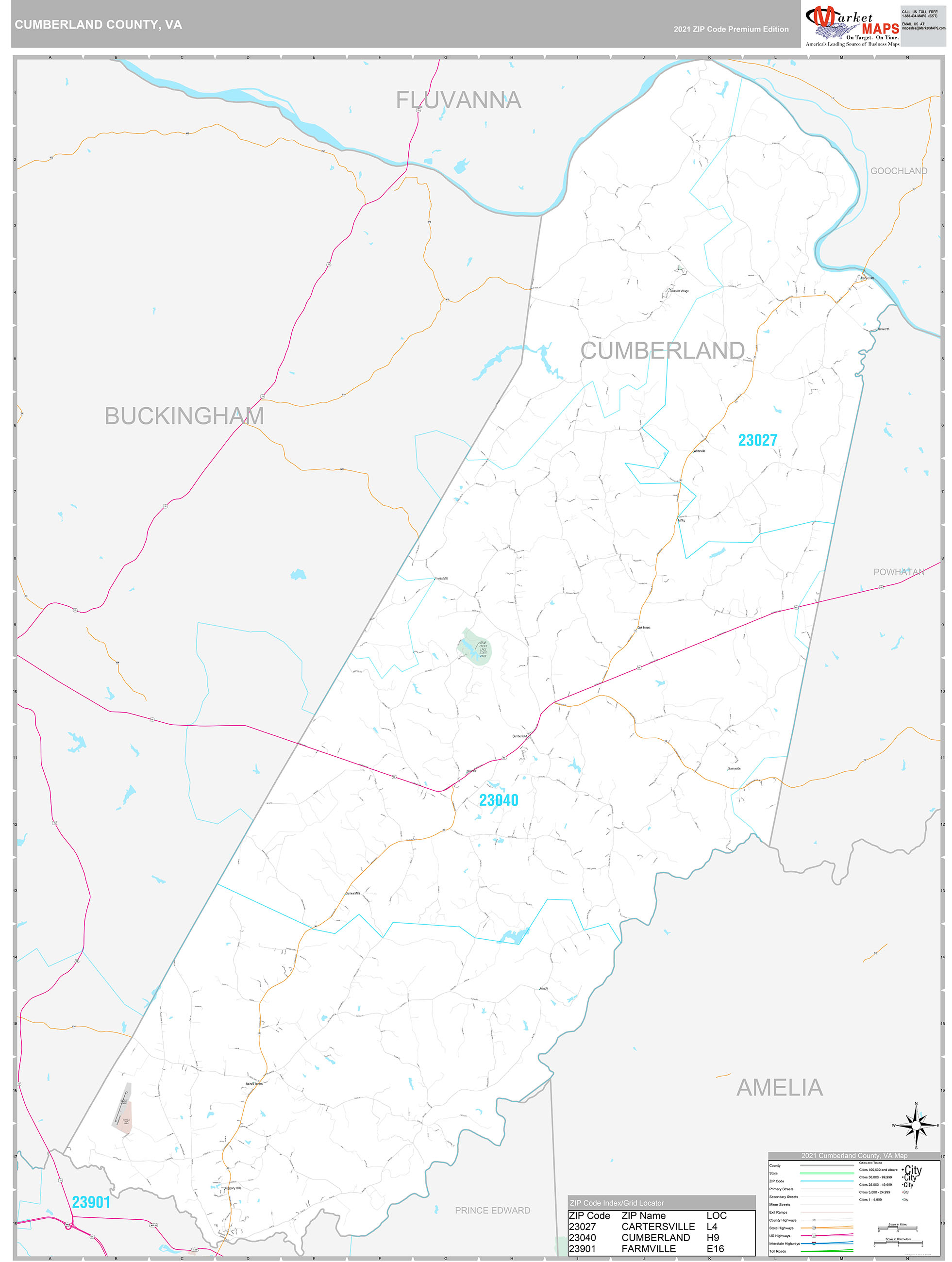 Cumberland County, VA Wall Map Premium Style by MarketMAPS MapSales
