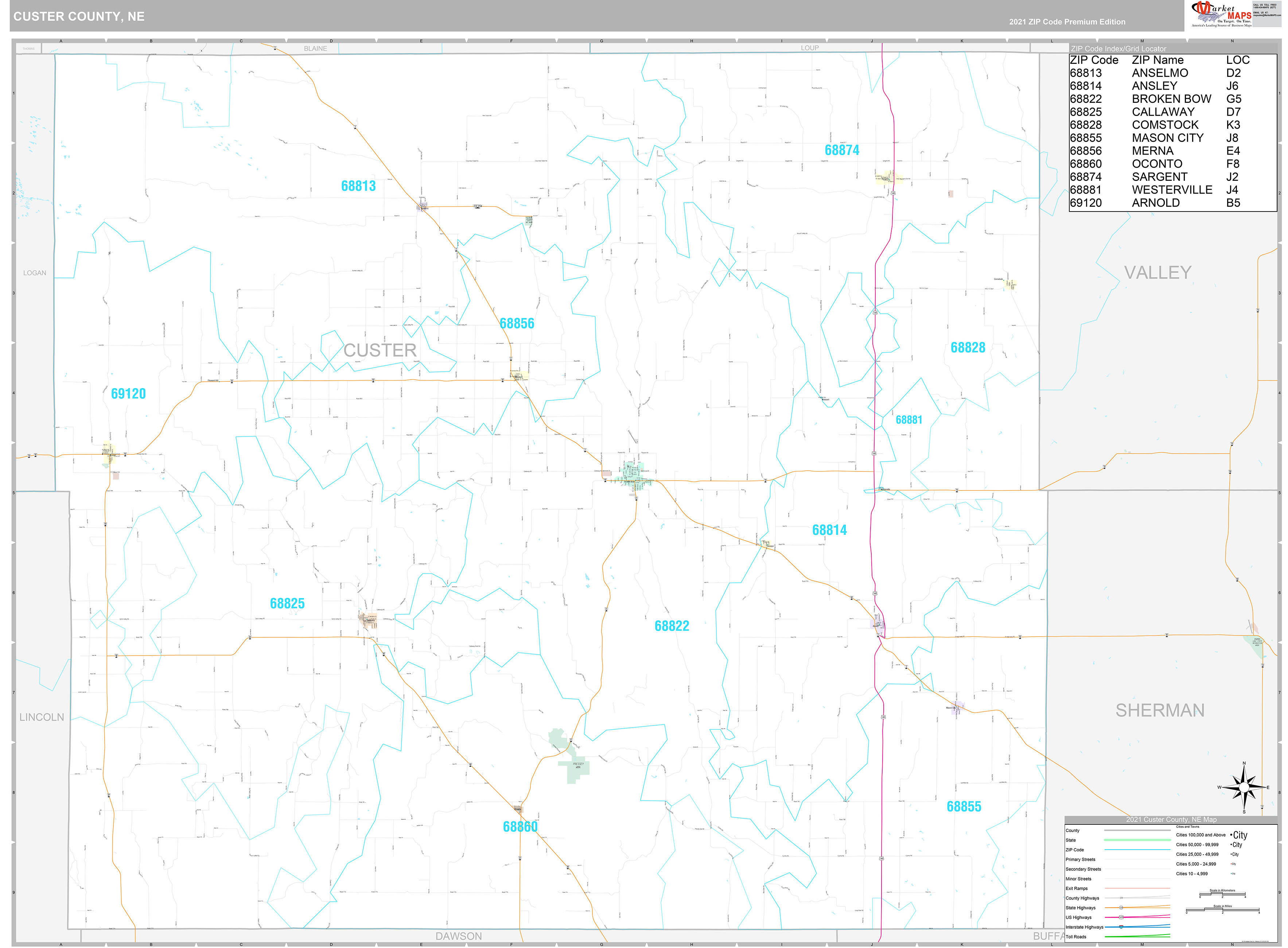 Custer County, NE Wall Map Premium Style by MarketMAPS MapSales