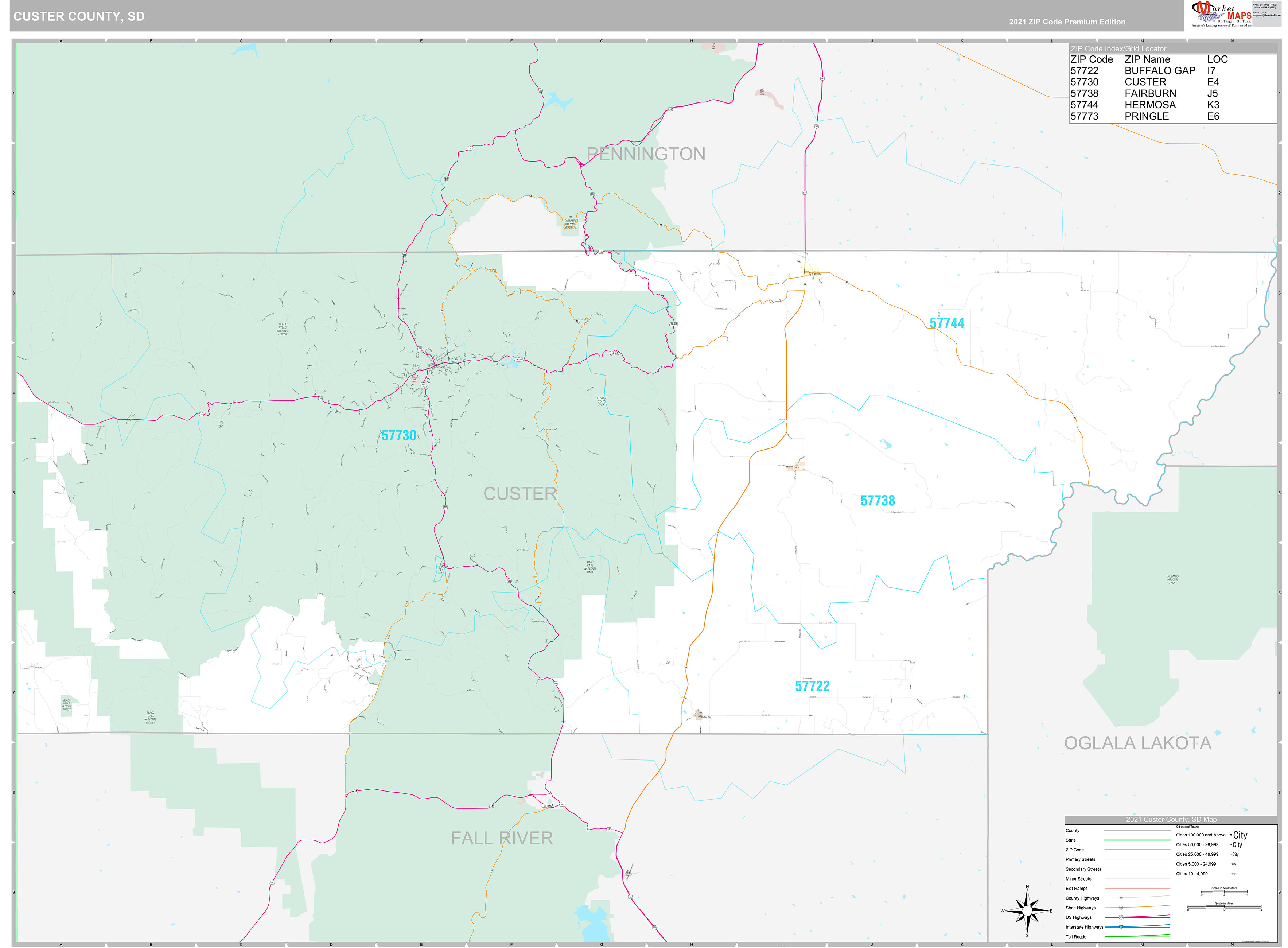 Custer County, SD Wall Map Premium Style by MarketMAPS MapSales