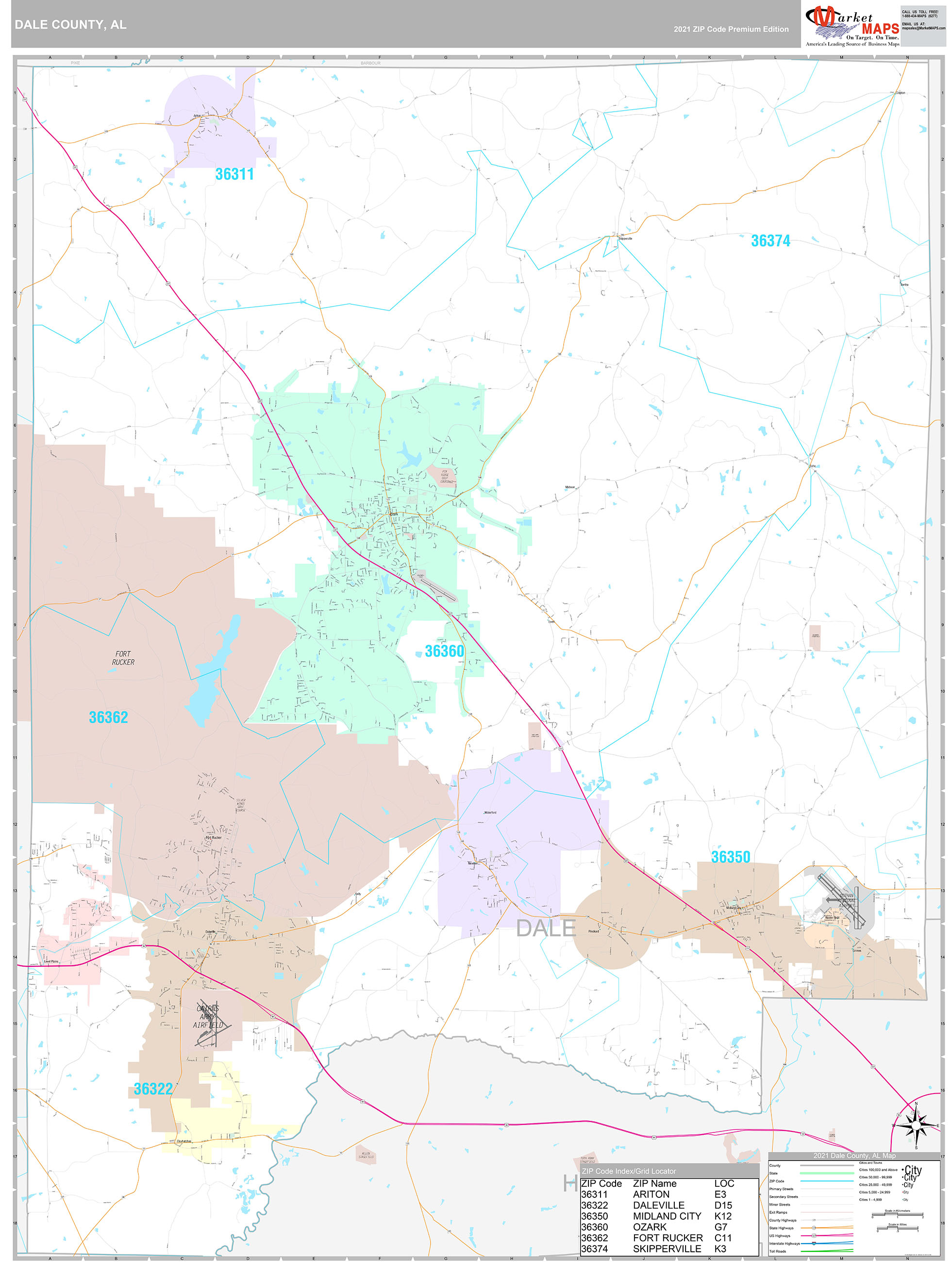Dale County, AL Wall Map Premium Style by MarketMAPS
