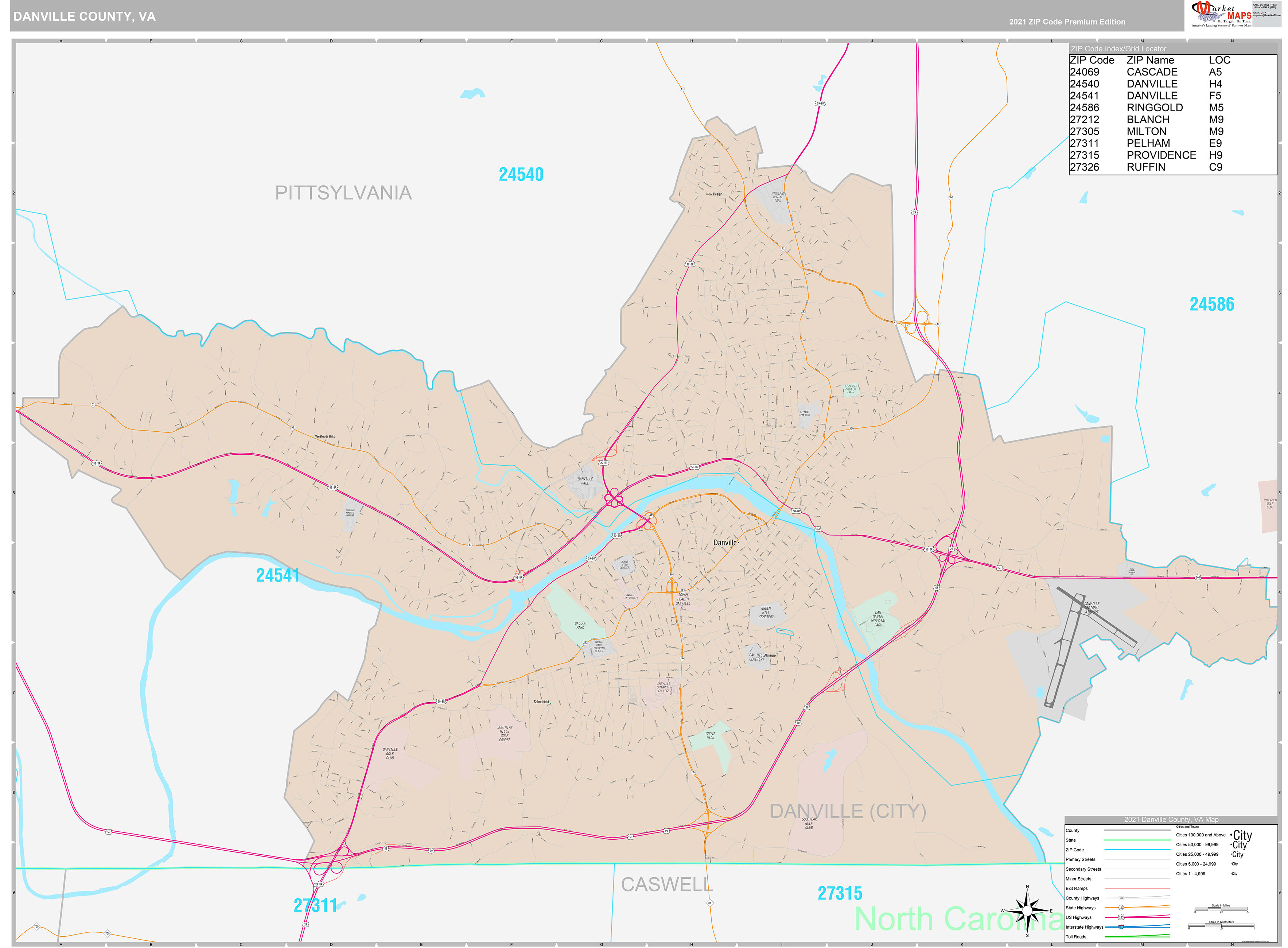 Danville County, VA Wall Map Premium Style by MarketMAPS