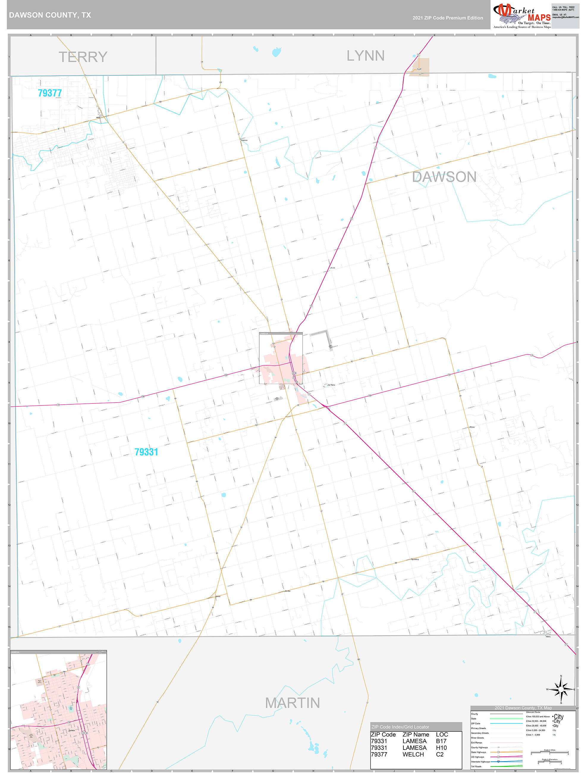 Dawson County, TX Wall Map Premium Style by MarketMAPS MapSales