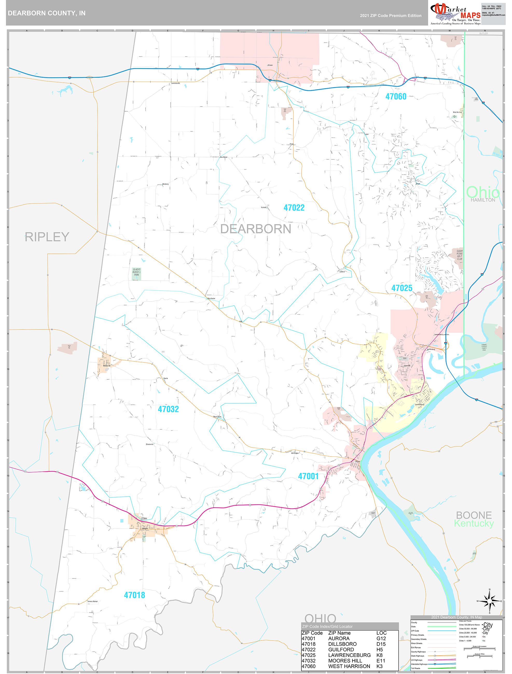 Dearborn County, IN Wall Map Premium Style by MarketMAPS MapSales