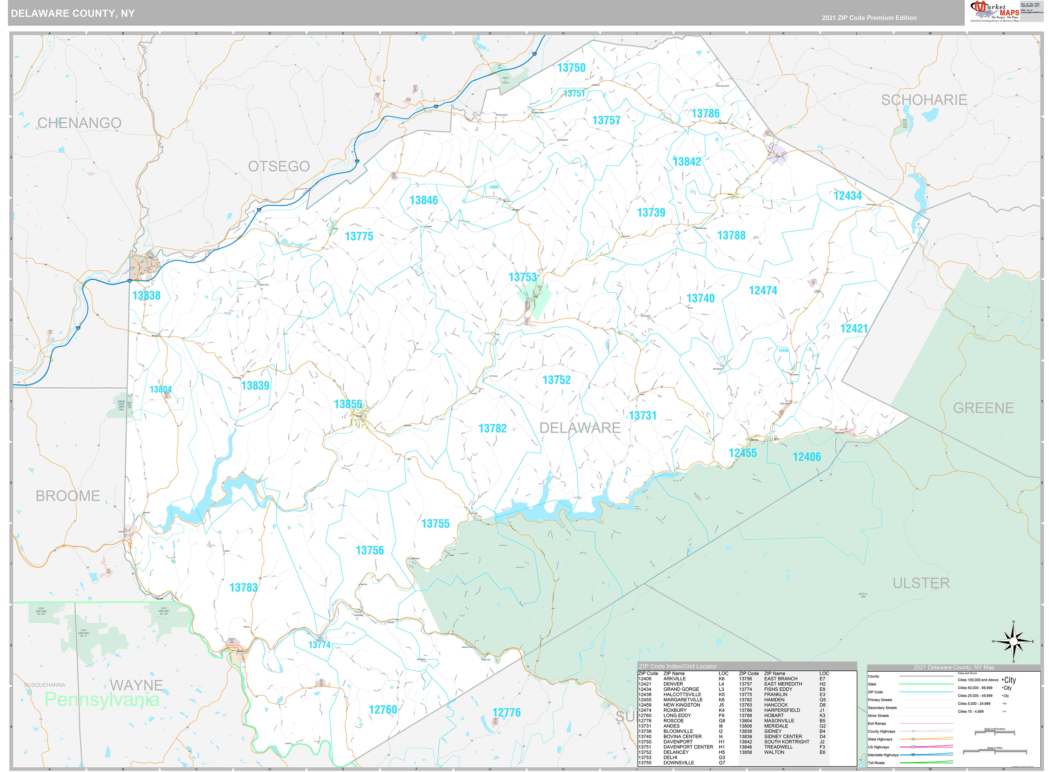 Delaware County, NY Wall Map Premium Style by MarketMAPS