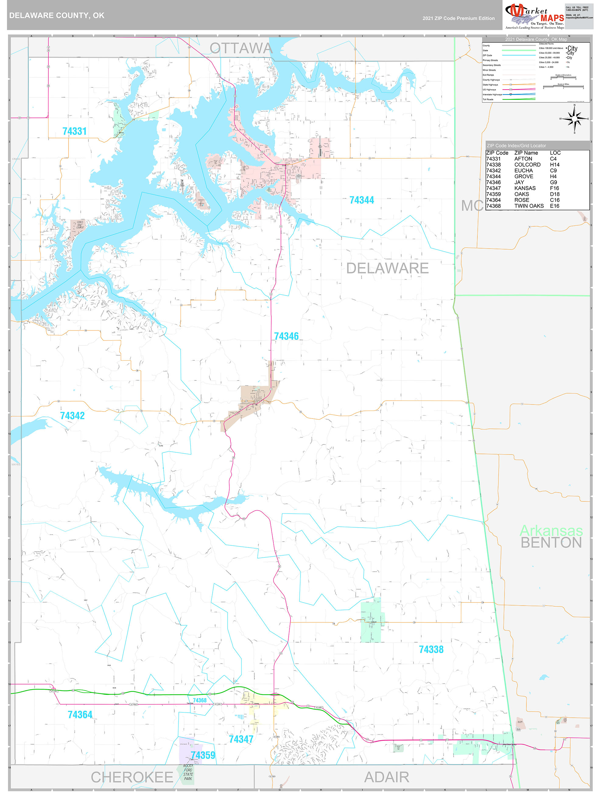 Delaware County, OK Wall Map Premium Style by MarketMAPS