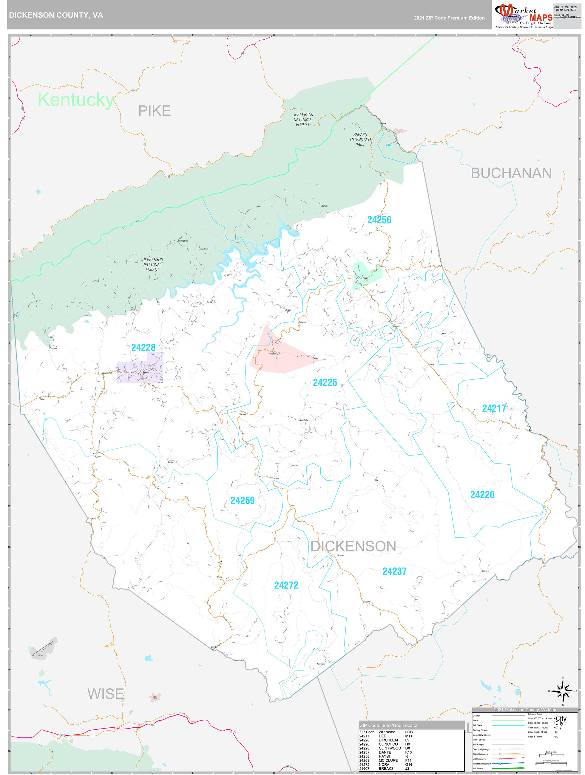Dickenson County, VA Wall Map Premium Style by MarketMAPS MapSales