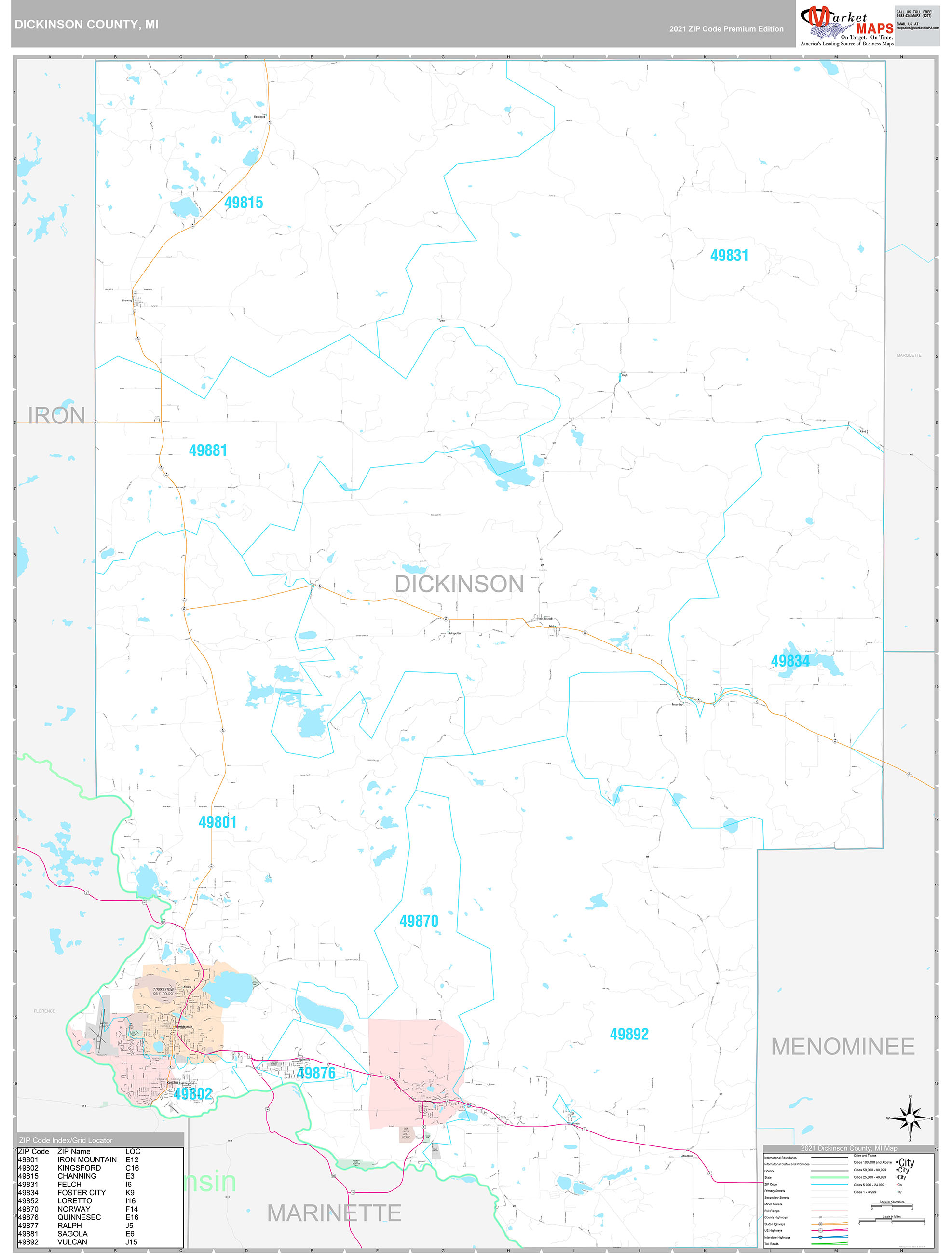 Dickinson County, MI Wall Map Premium Style by MarketMAPS