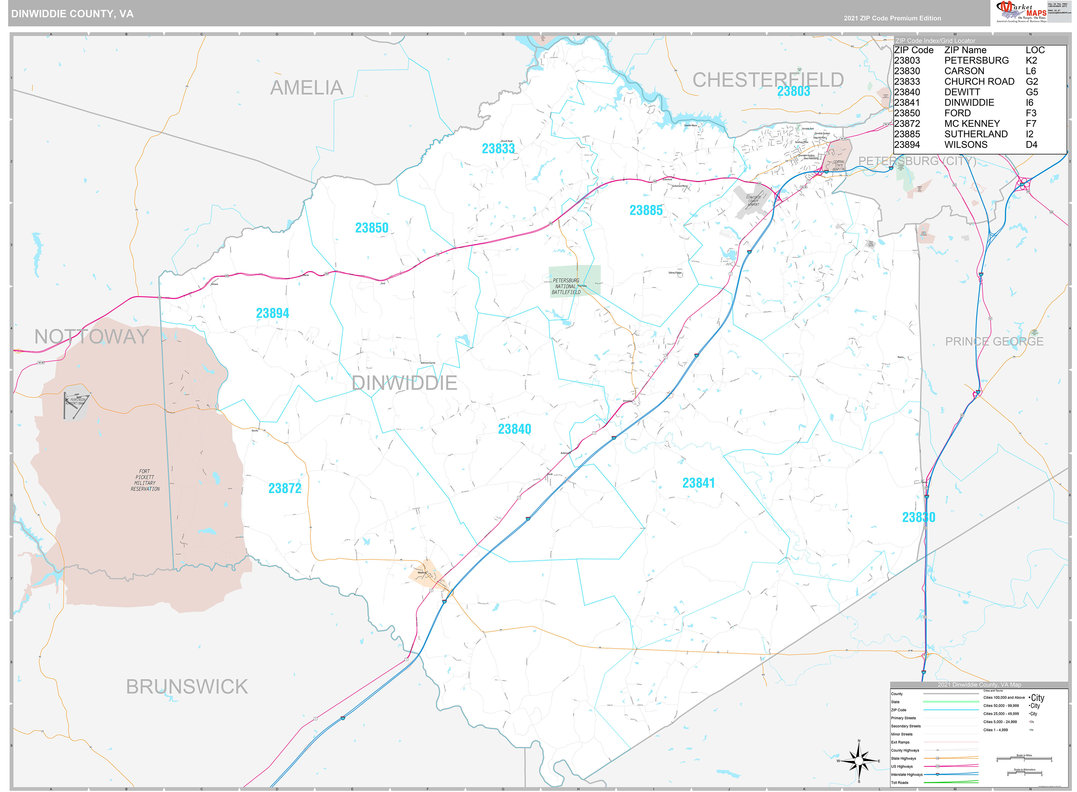 Dinwiddie County, VA Wall Map Premium Style by MarketMAPS MapSales