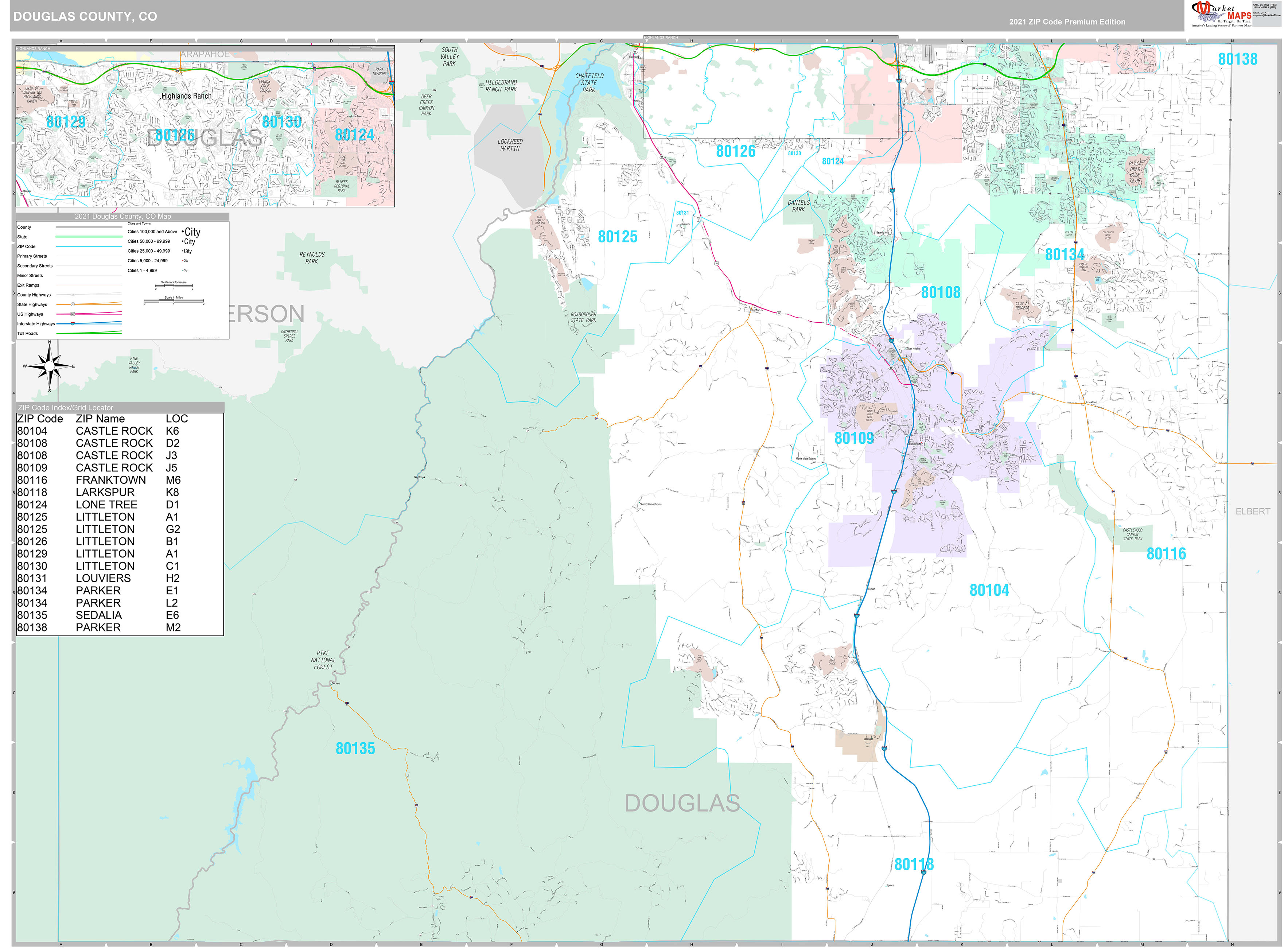Douglas County, CO Wall Map Premium Style by MarketMAPS MapSales
