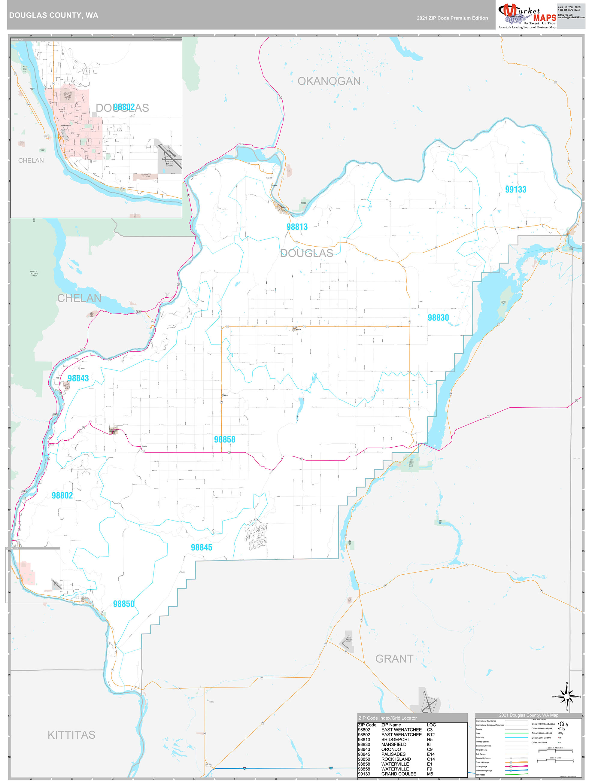 Douglas County, WA Wall Map Premium Style by MarketMAPS MapSales