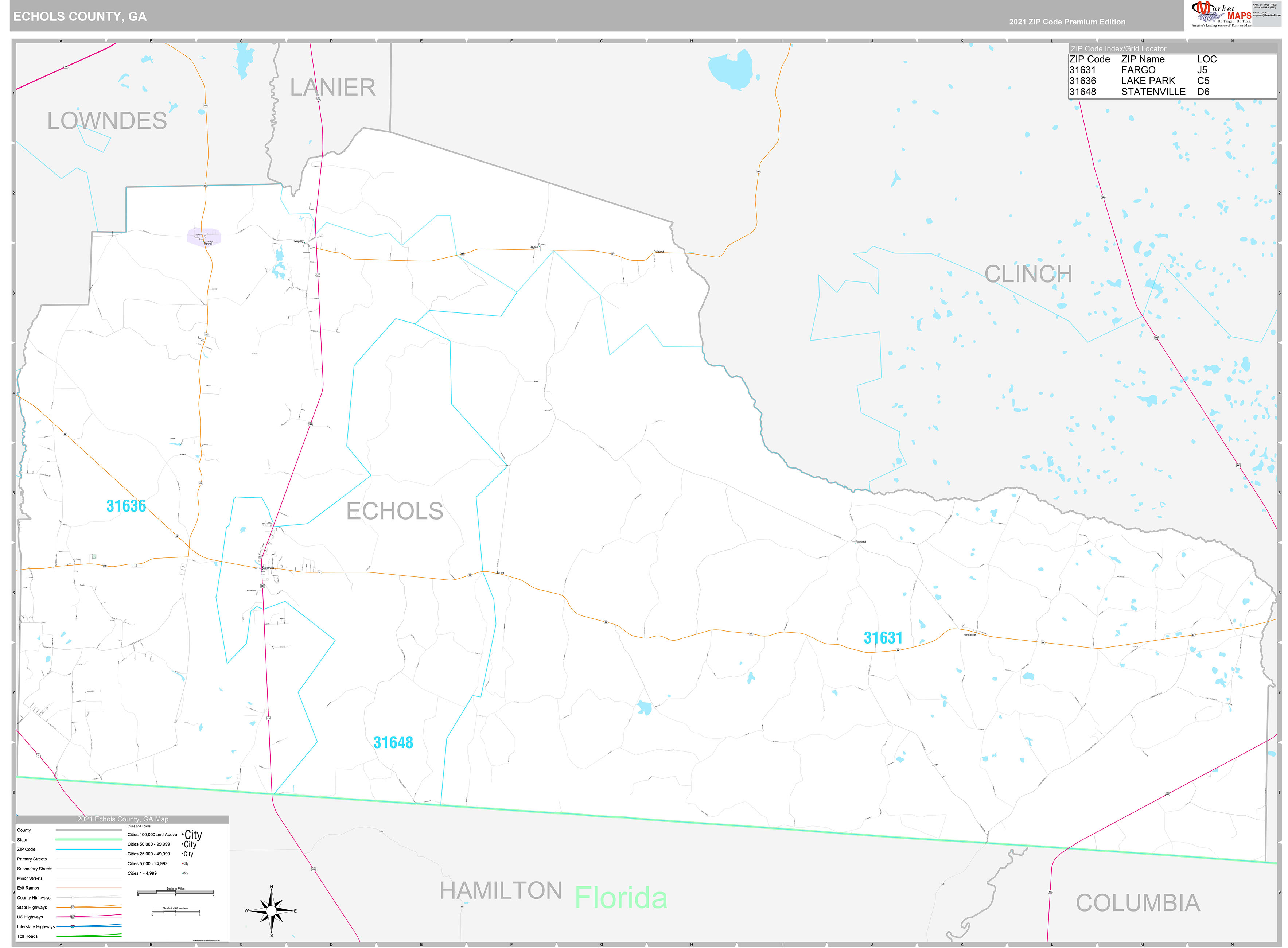 Echols County, GA Wall Map Premium Style by MarketMAPS