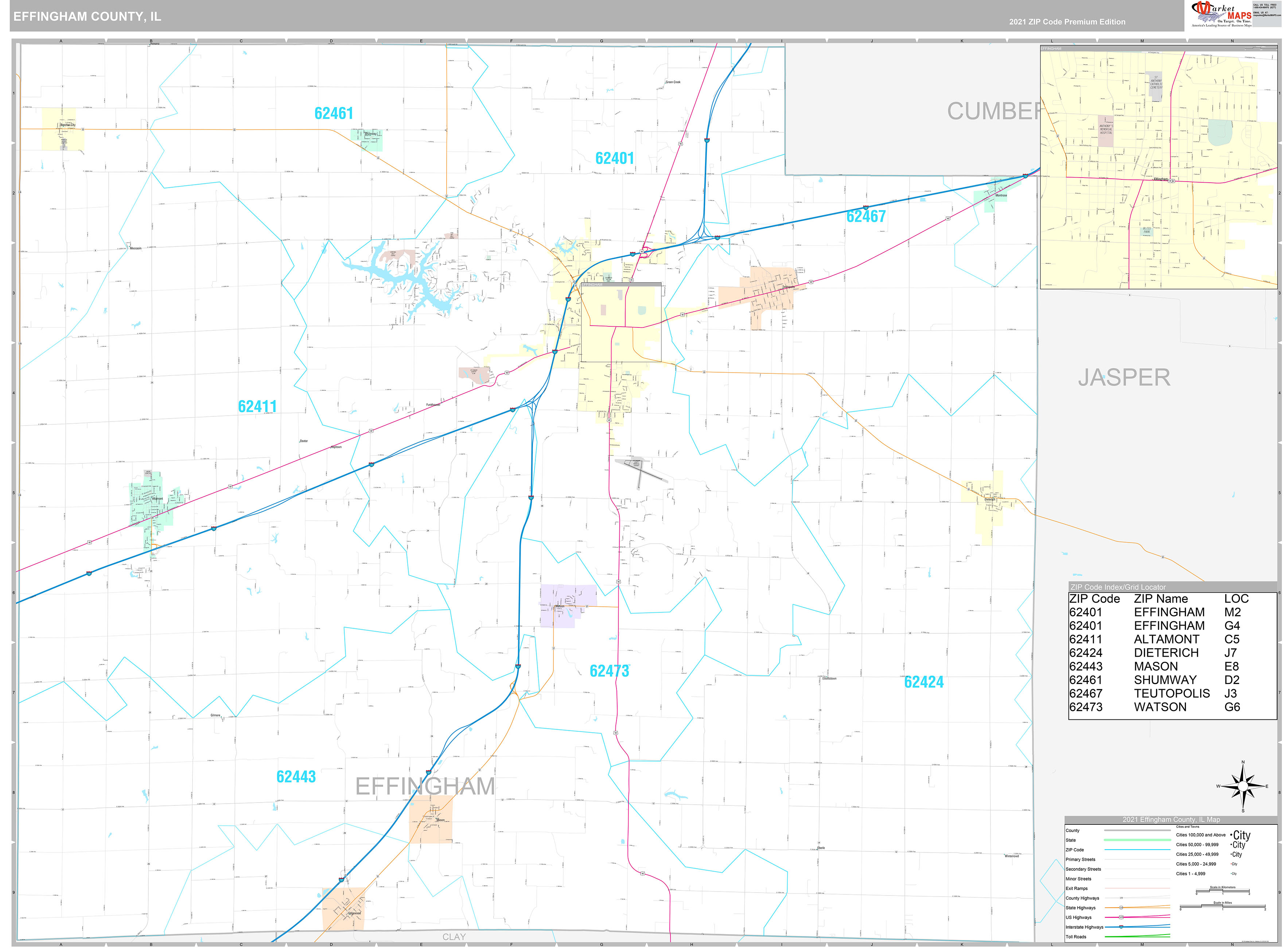 Effingham County, IL Wall Map Premium Style by MarketMAPS