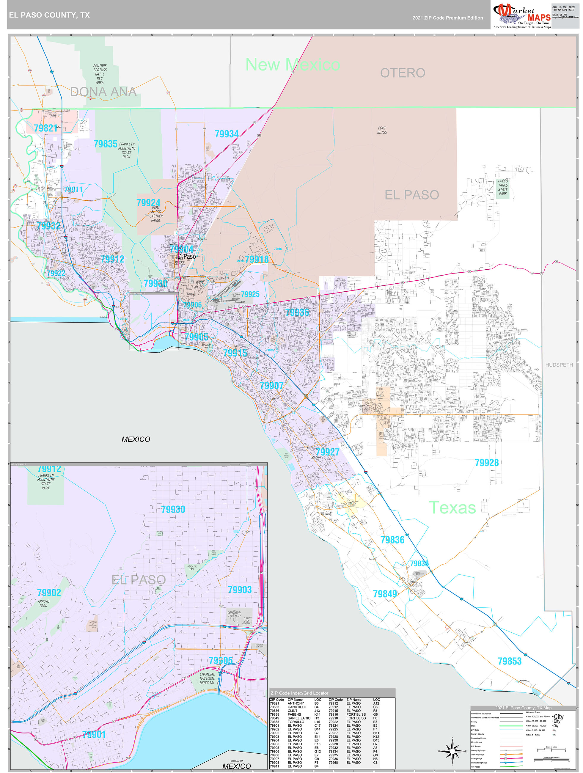El Paso County, TX Wall Map Premium Style by MarketMAPS