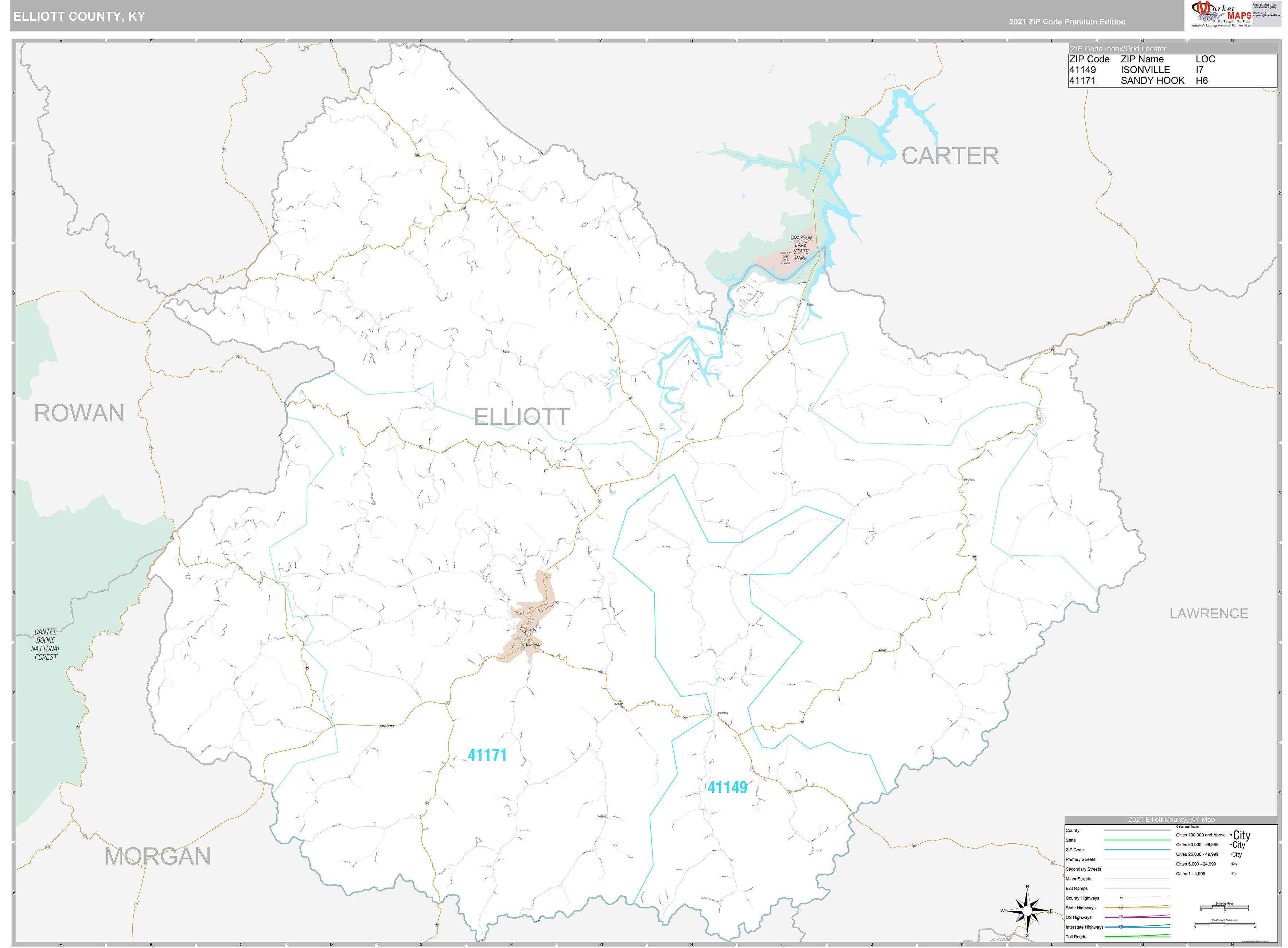 Elliott County, KY Wall Map Premium Style by MarketMAPS