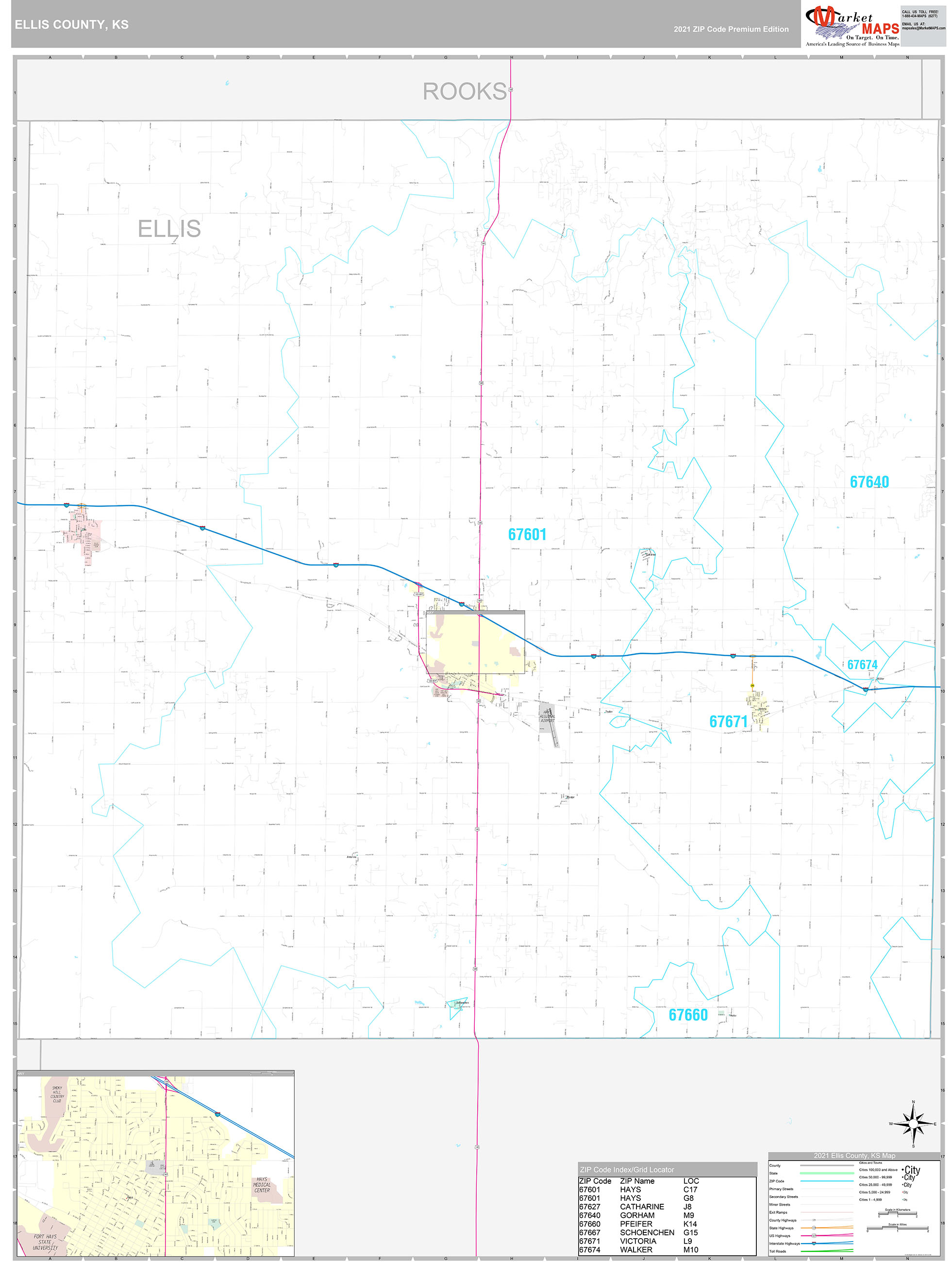 Ellis County, KS Wall Map Premium Style by MarketMAPS