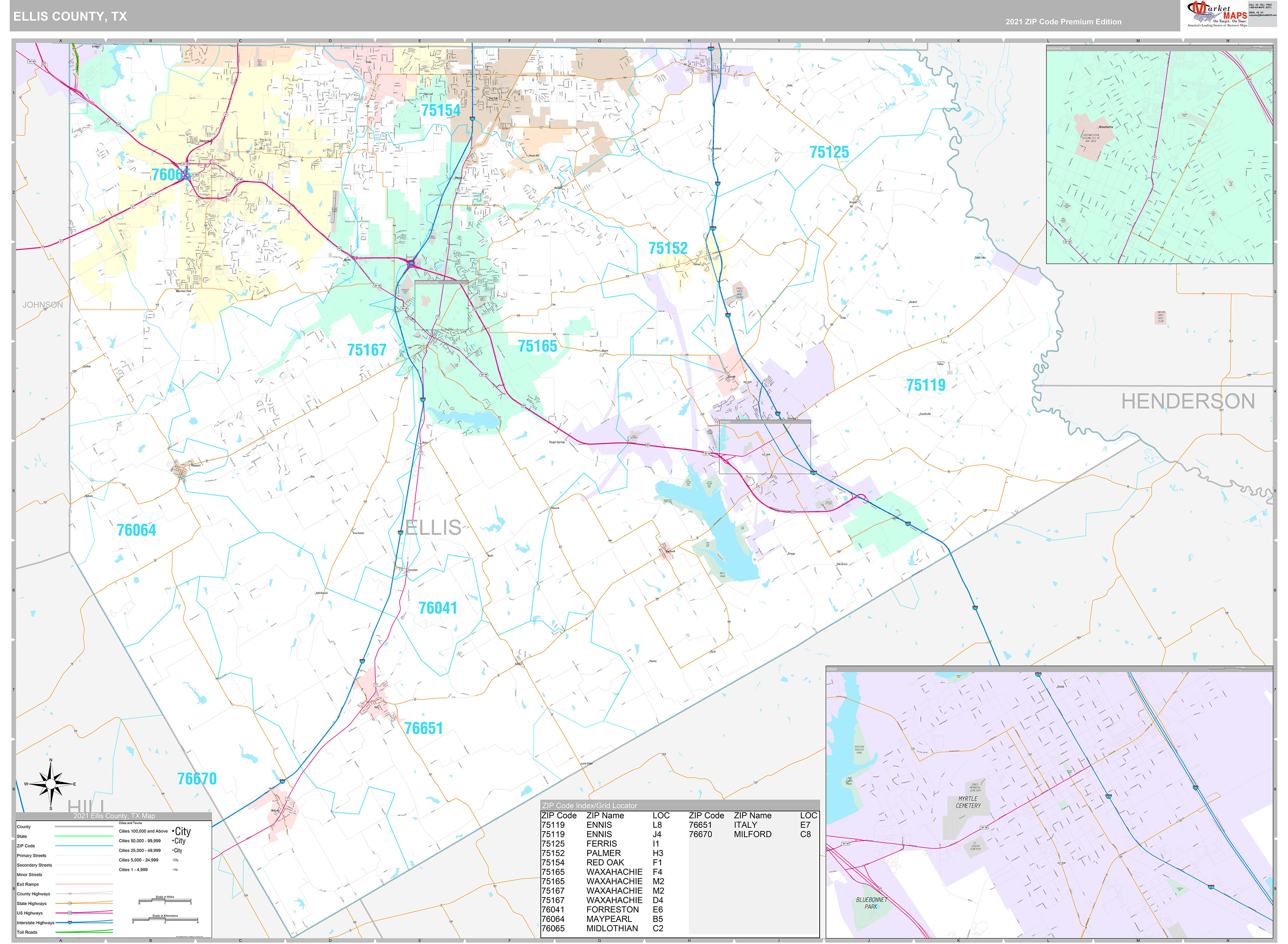 Ellis County, TX Wall Map Premium Style by MarketMAPS - MapSales