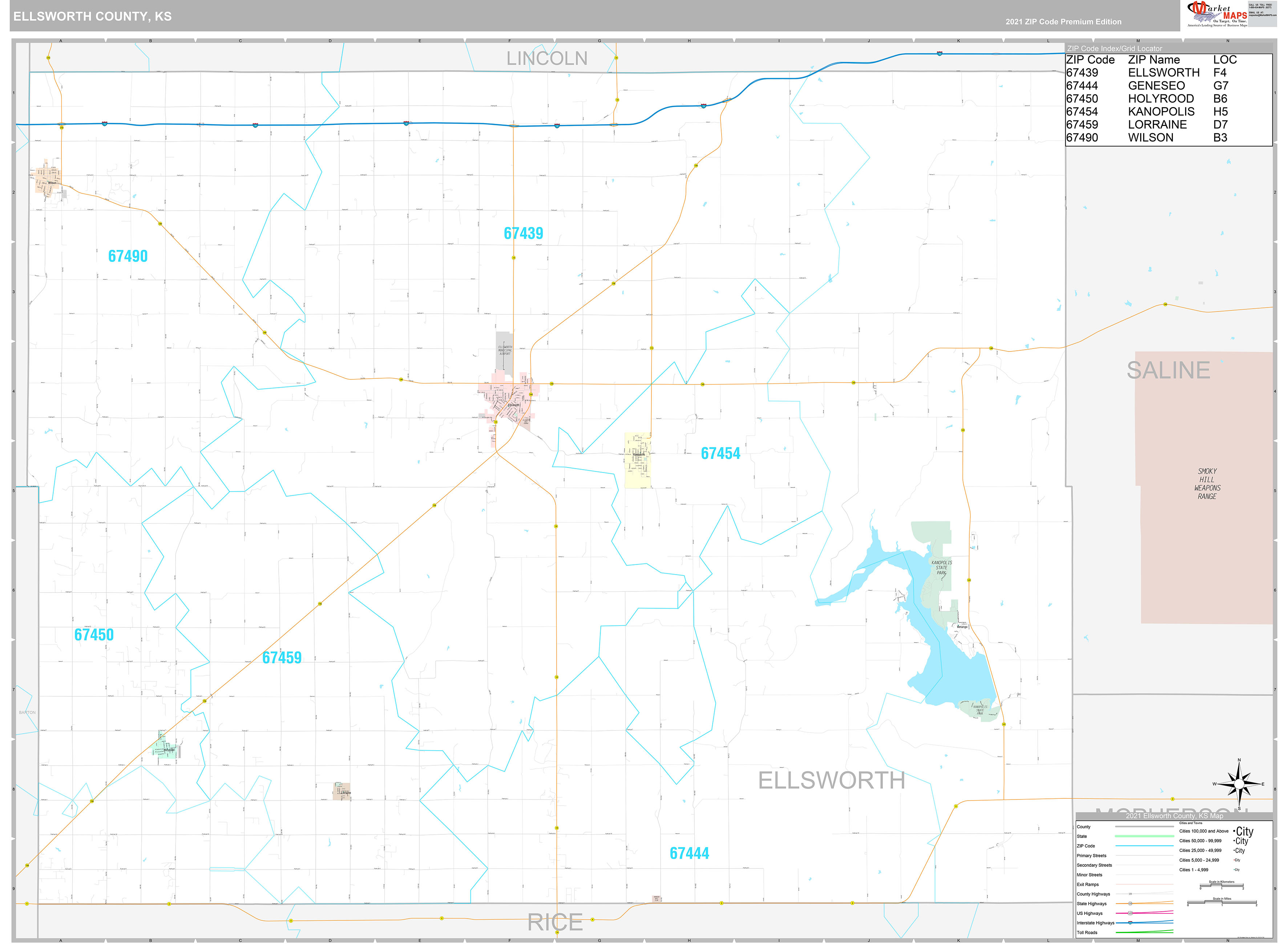 Ellsworth County, KS Wall Map Premium Style by MarketMAPS
