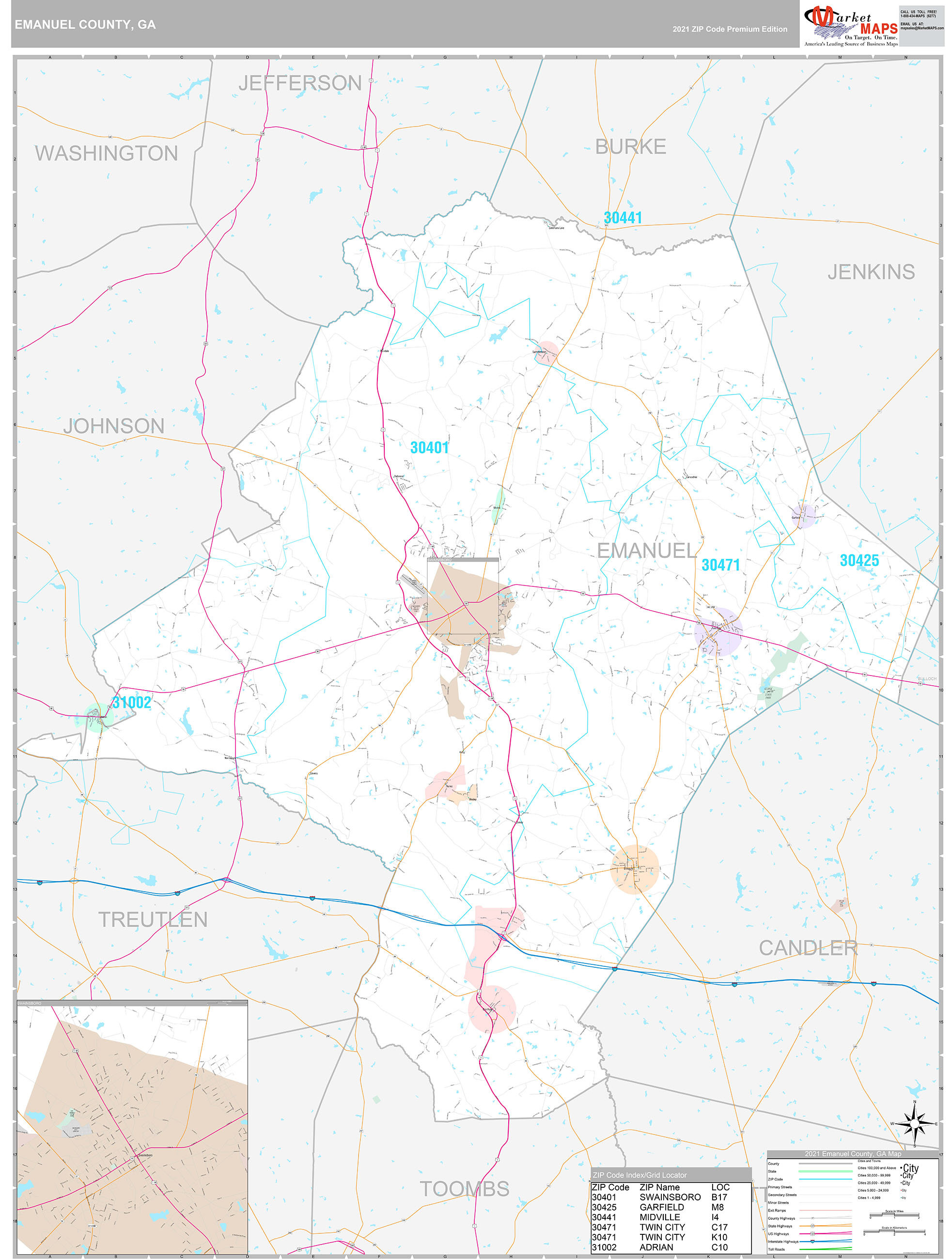 Emanuel County, GA Wall Map Premium Style by MarketMAPS
