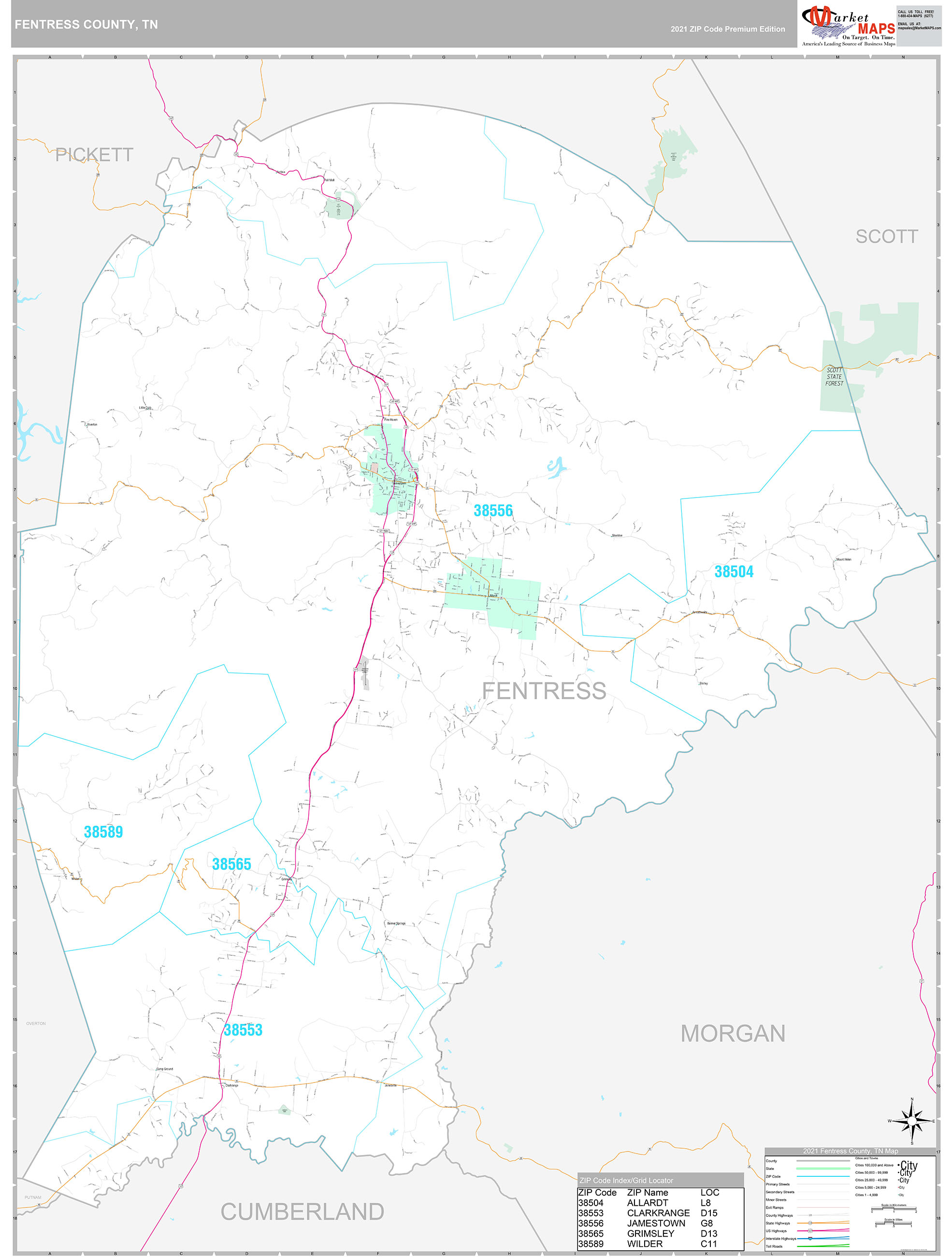 Fentress County, TN Wall Map Premium Style by MarketMAPS