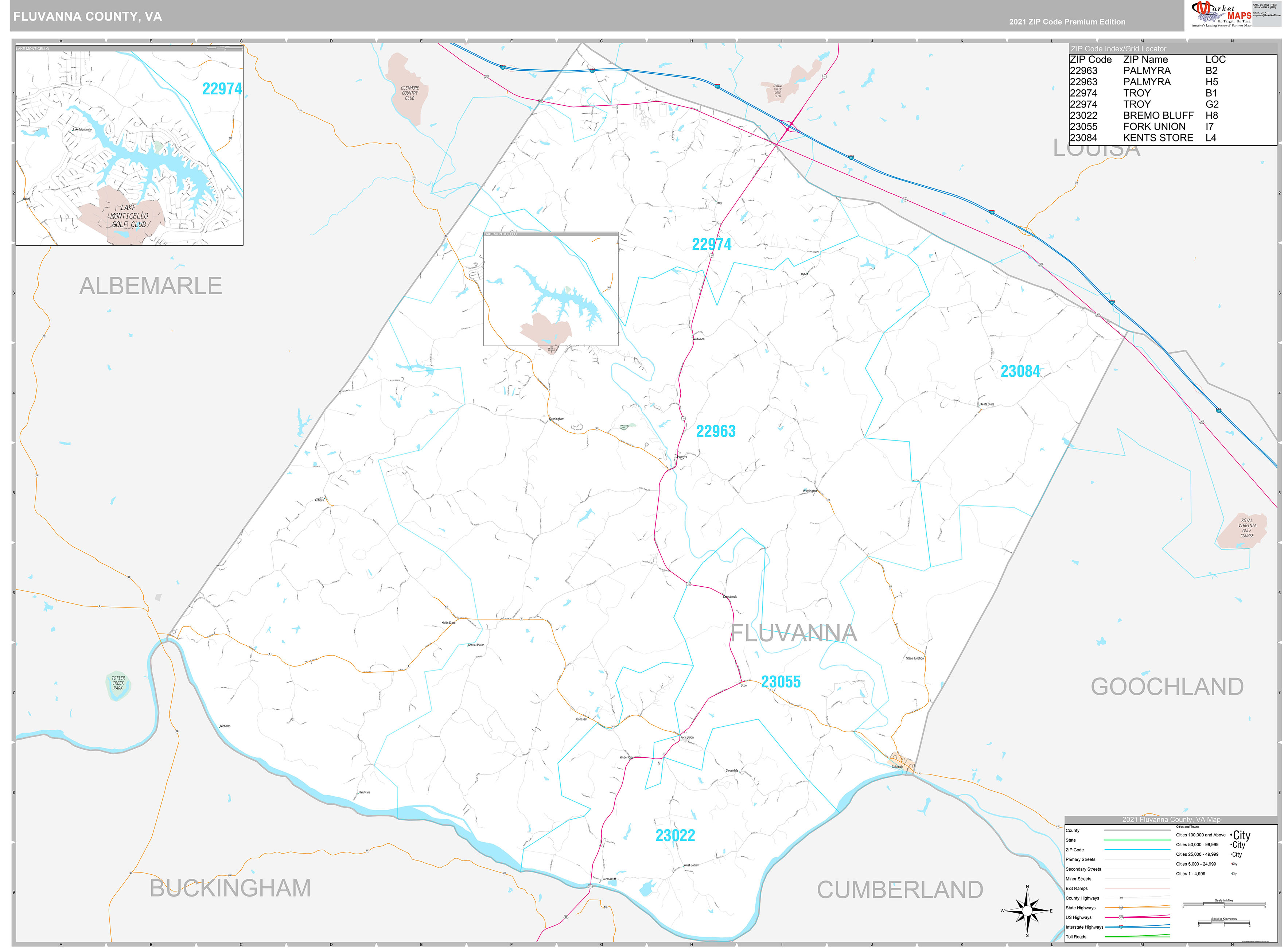 Fluvanna County, VA Wall Map Premium Style by MarketMAPS MapSales