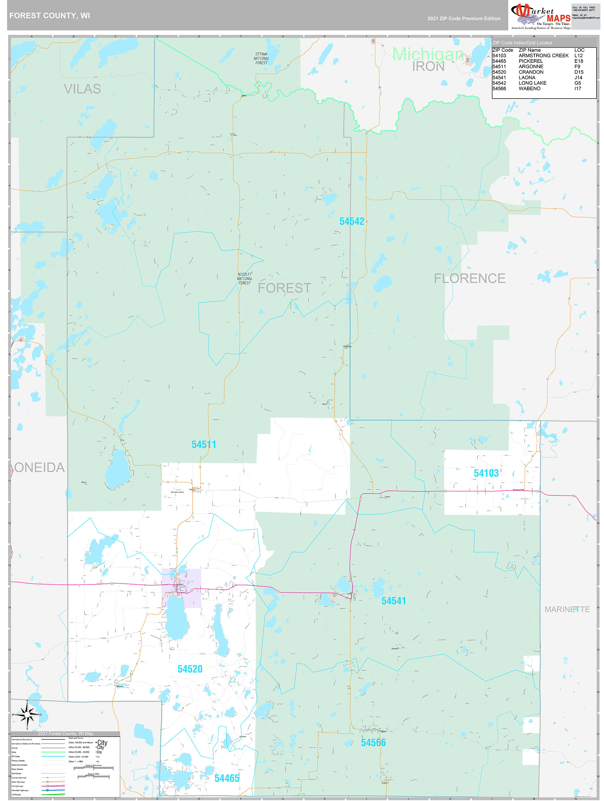 Forest County, WI Wall Map Premium Style by MarketMAPS