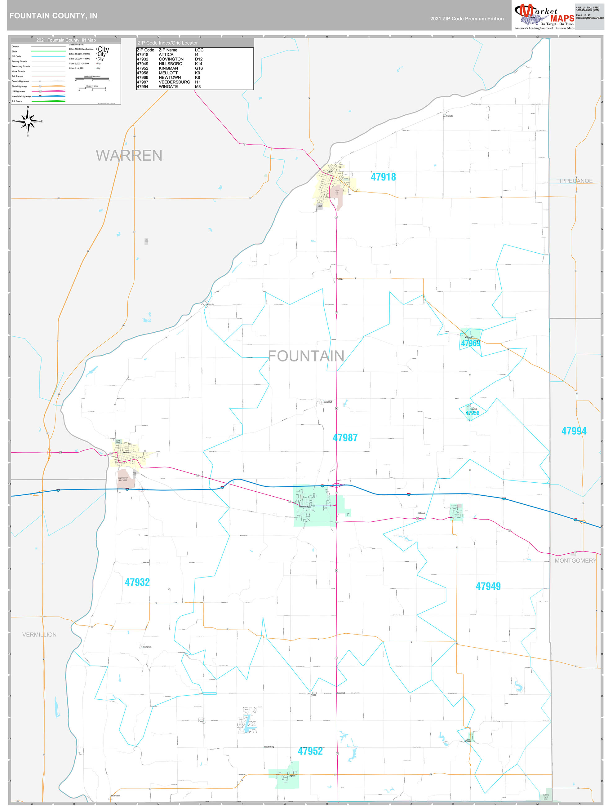 Fountain County, IN Wall Map Premium Style by MarketMAPS