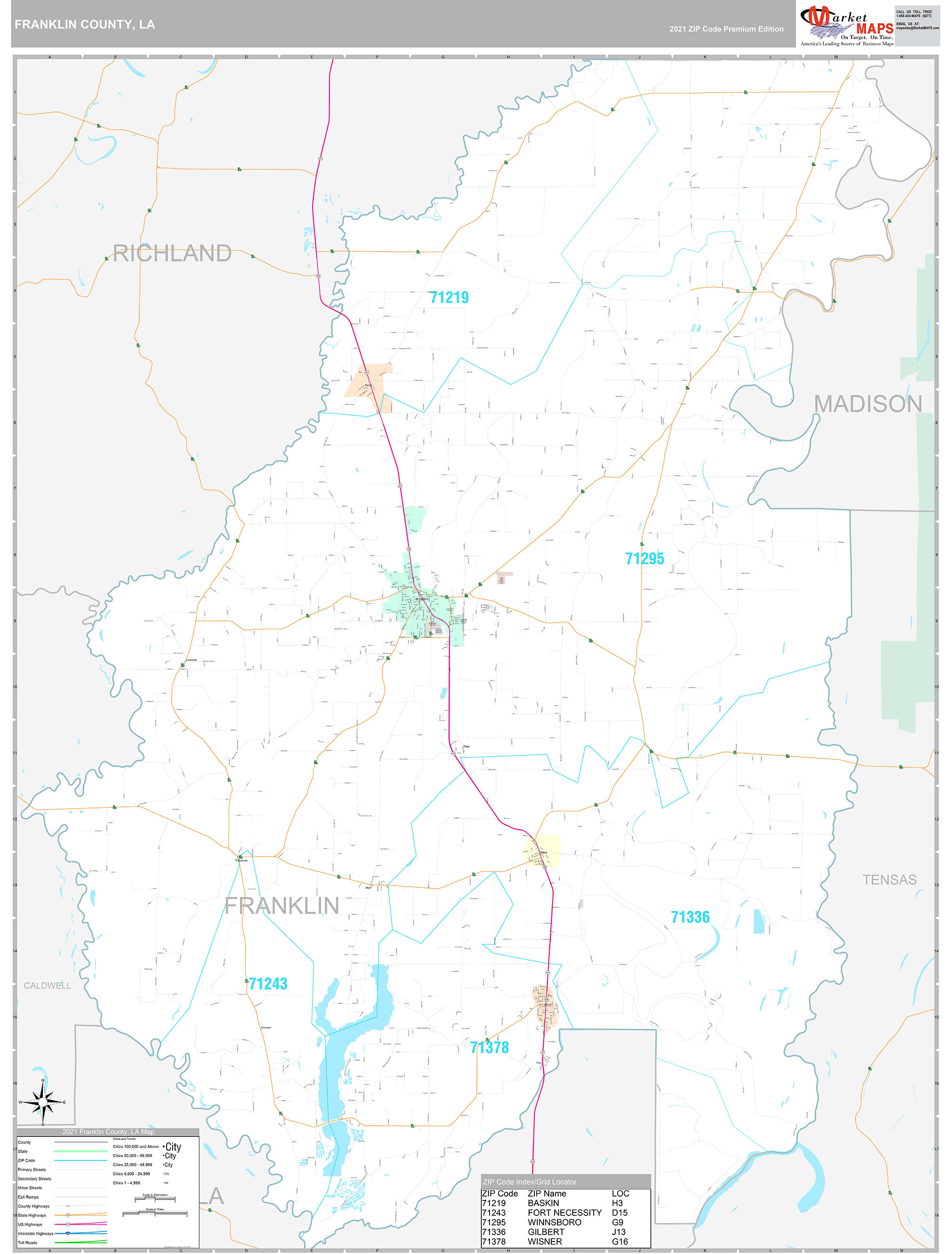 Franklin County, LA Wall Map Premium Style by MarketMAPS