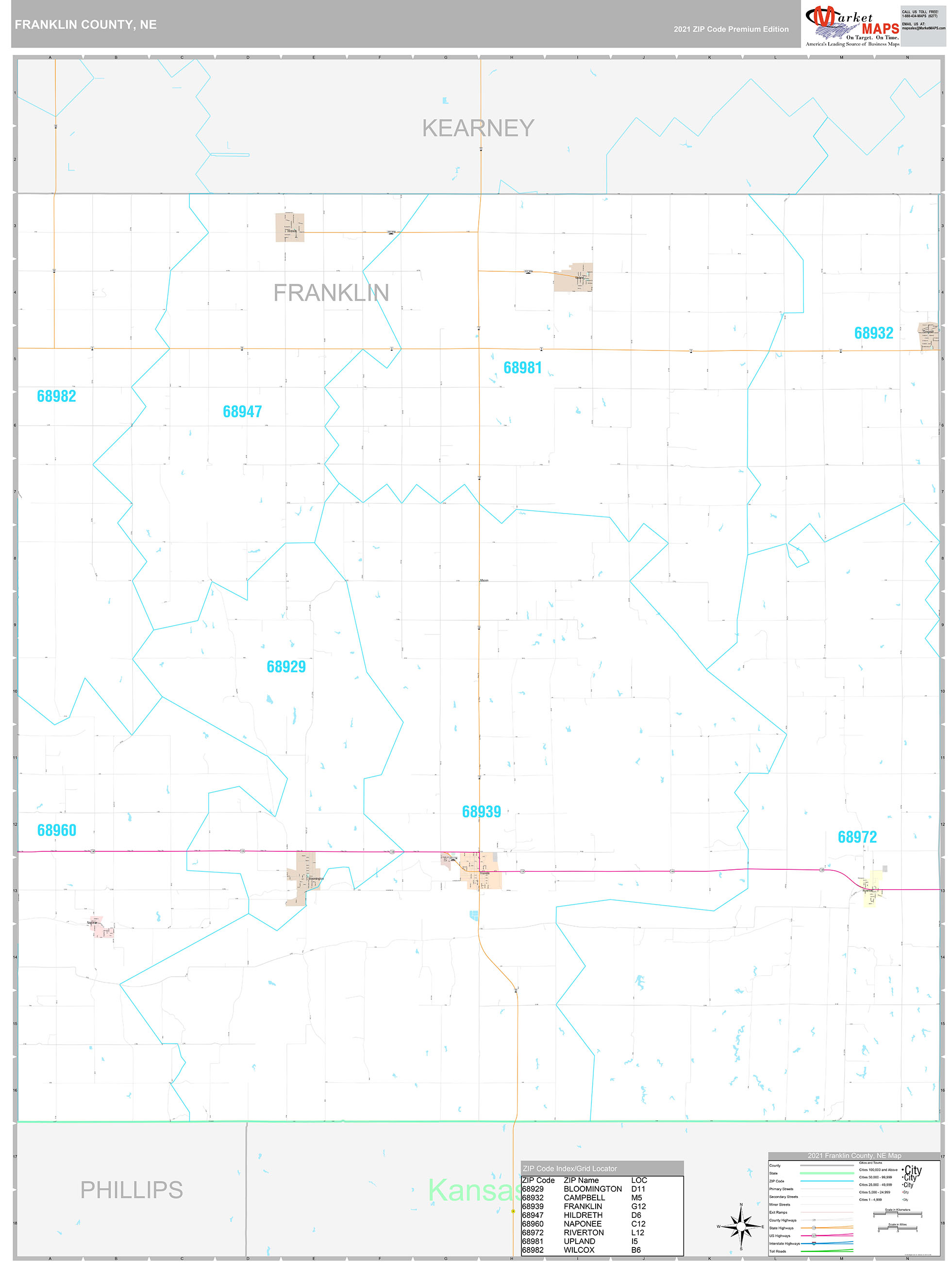 Franklin County, NE Wall Map Premium Style by MarketMAPS