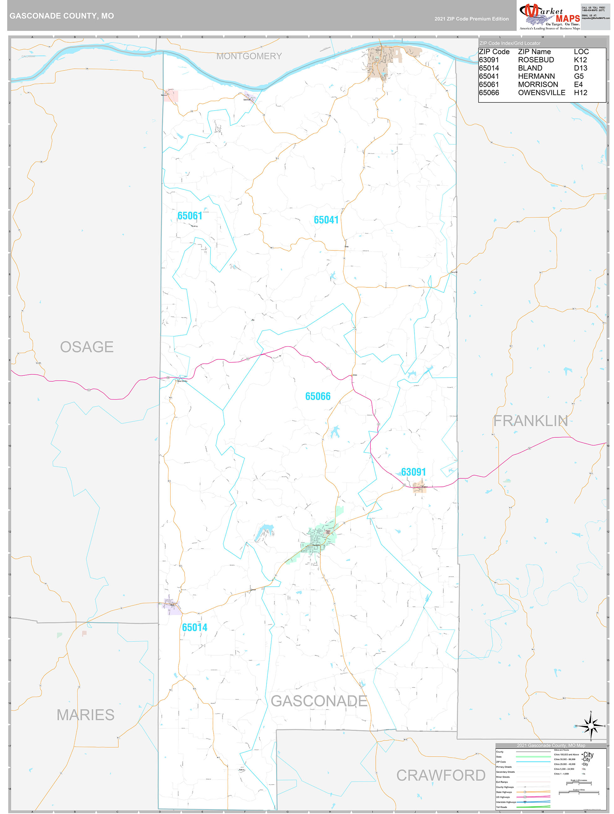 Gasconade County, MO Wall Map Premium Style by MarketMAPS