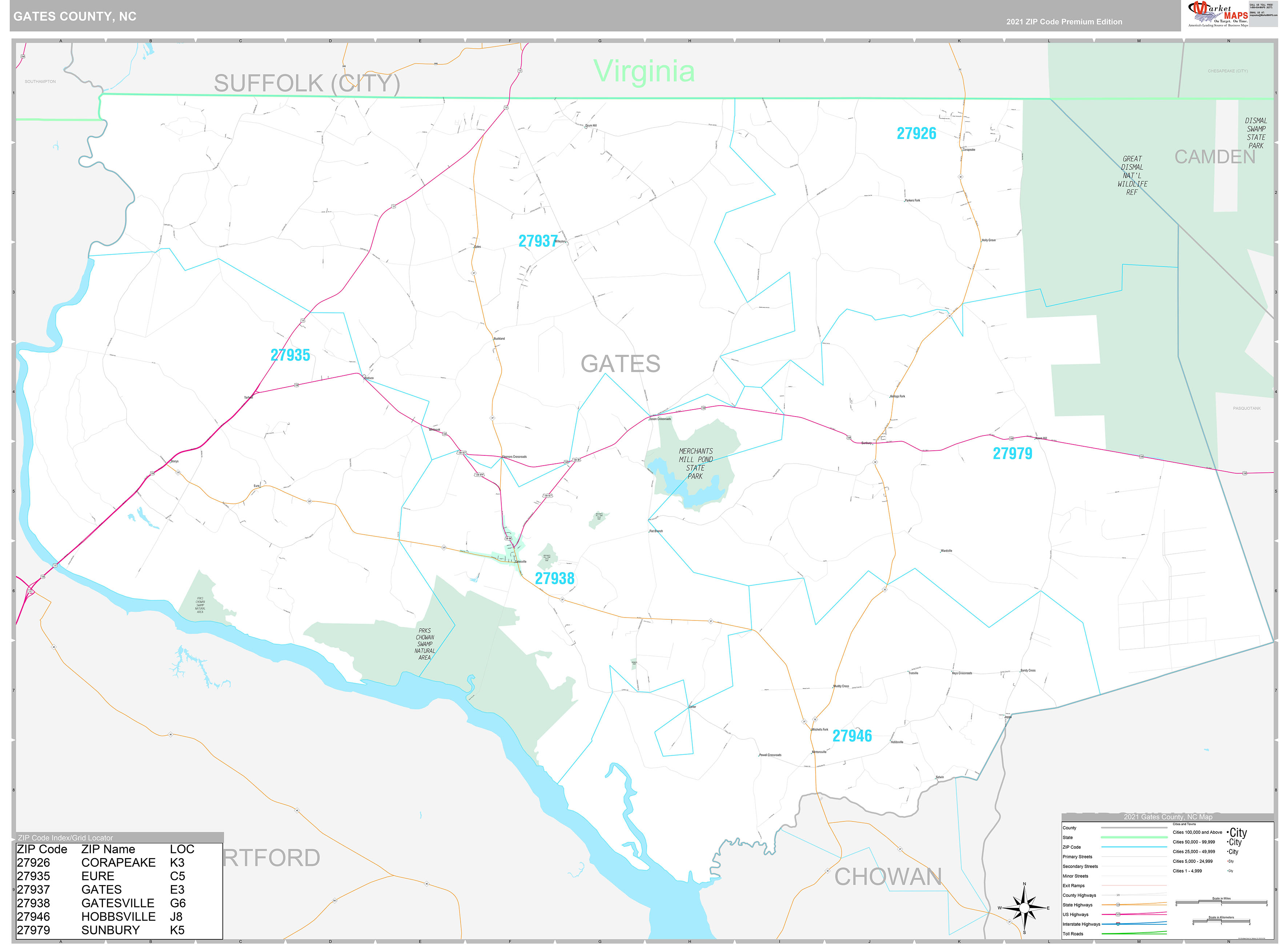 Gates County, NC Wall Map Premium Style by MarketMAPS